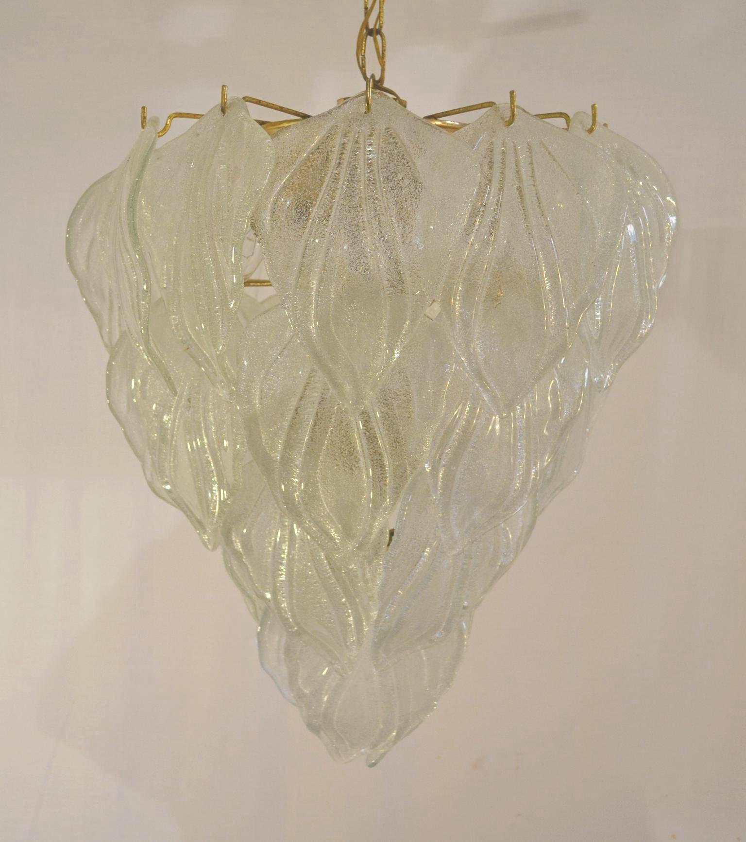 Large Murano Italian textured glass leaf chandelier. Clear/frosted handblown glass leaves suspended on gold frame. Wiring works for the US as well as Europe and uses Edison bulbs. All in all there are 30 glass leaves that really sparkle when