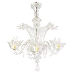 Vintage Tall Venetian Murano Chandelier with Six Arms in Clear Glass, circa 1950