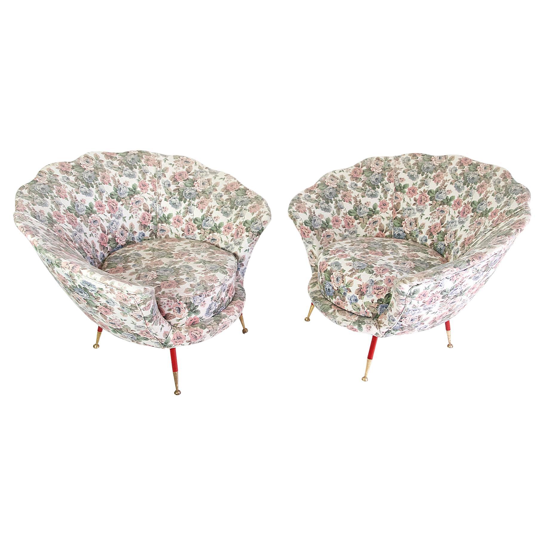 Pair of Midcentury Italian Clam Shell Armchairs For Sale