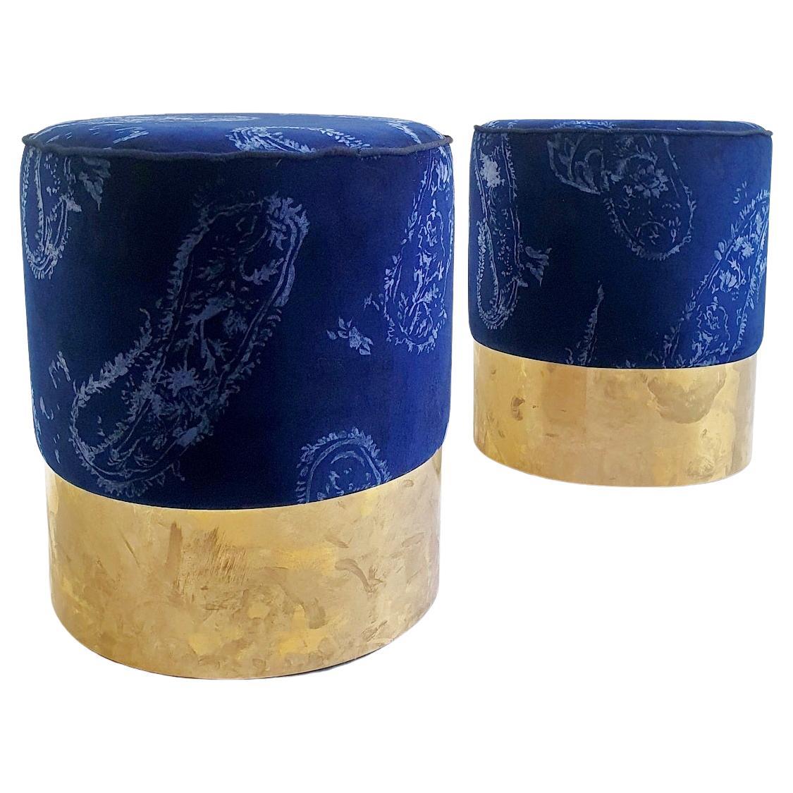 Pair of Stools in Brass and Velvet Italy For Sale