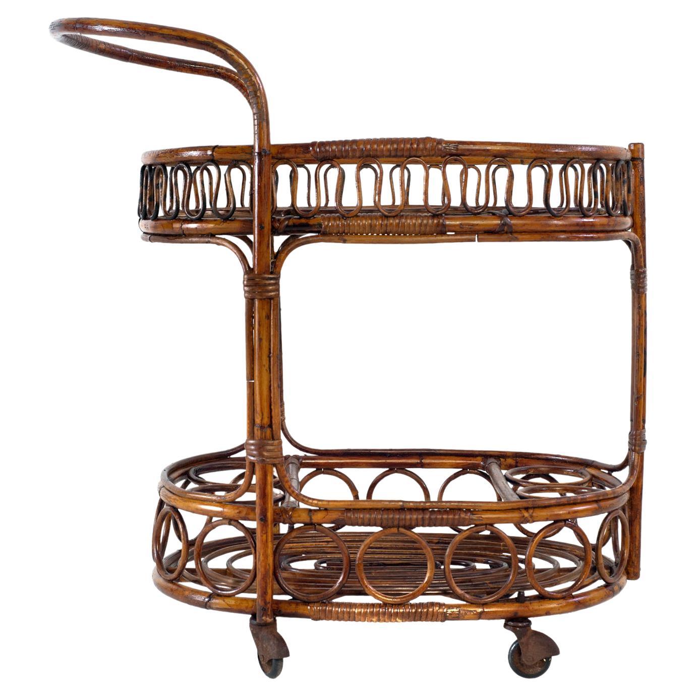 Midcentury Bamboo and Rattan Italian Bar Cart, 1960s For Sale