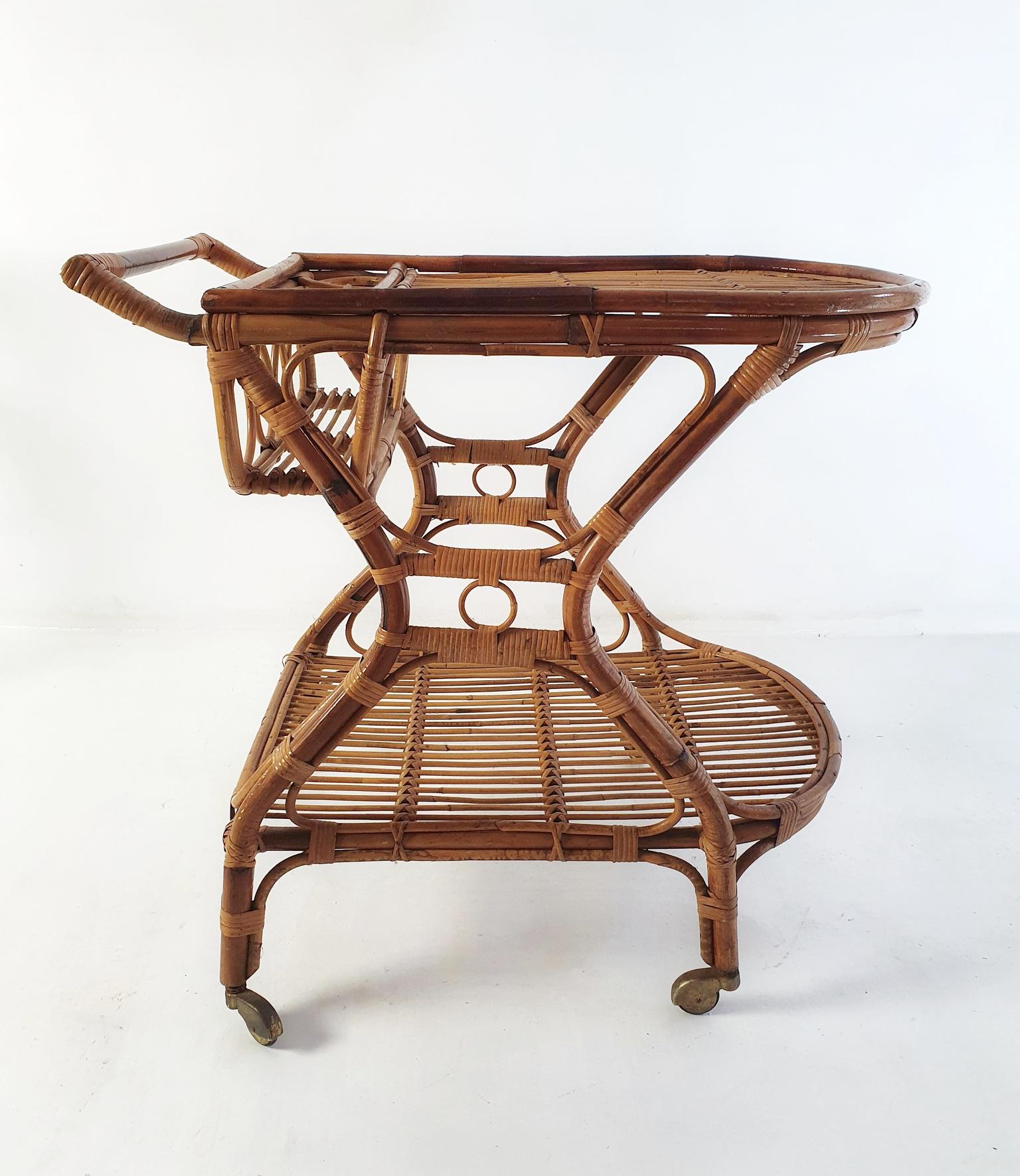 Mid Century Bar Cart in Bamboo and Rattan, Italy, 1950's For Sale 5