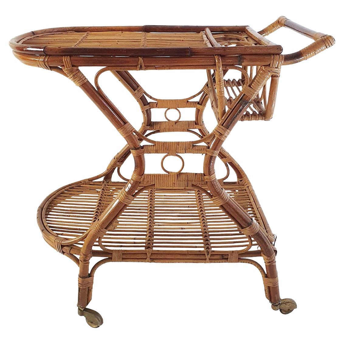 Mid Century Bar Cart in Bamboo and Rattan, Italy, 1950's For Sale