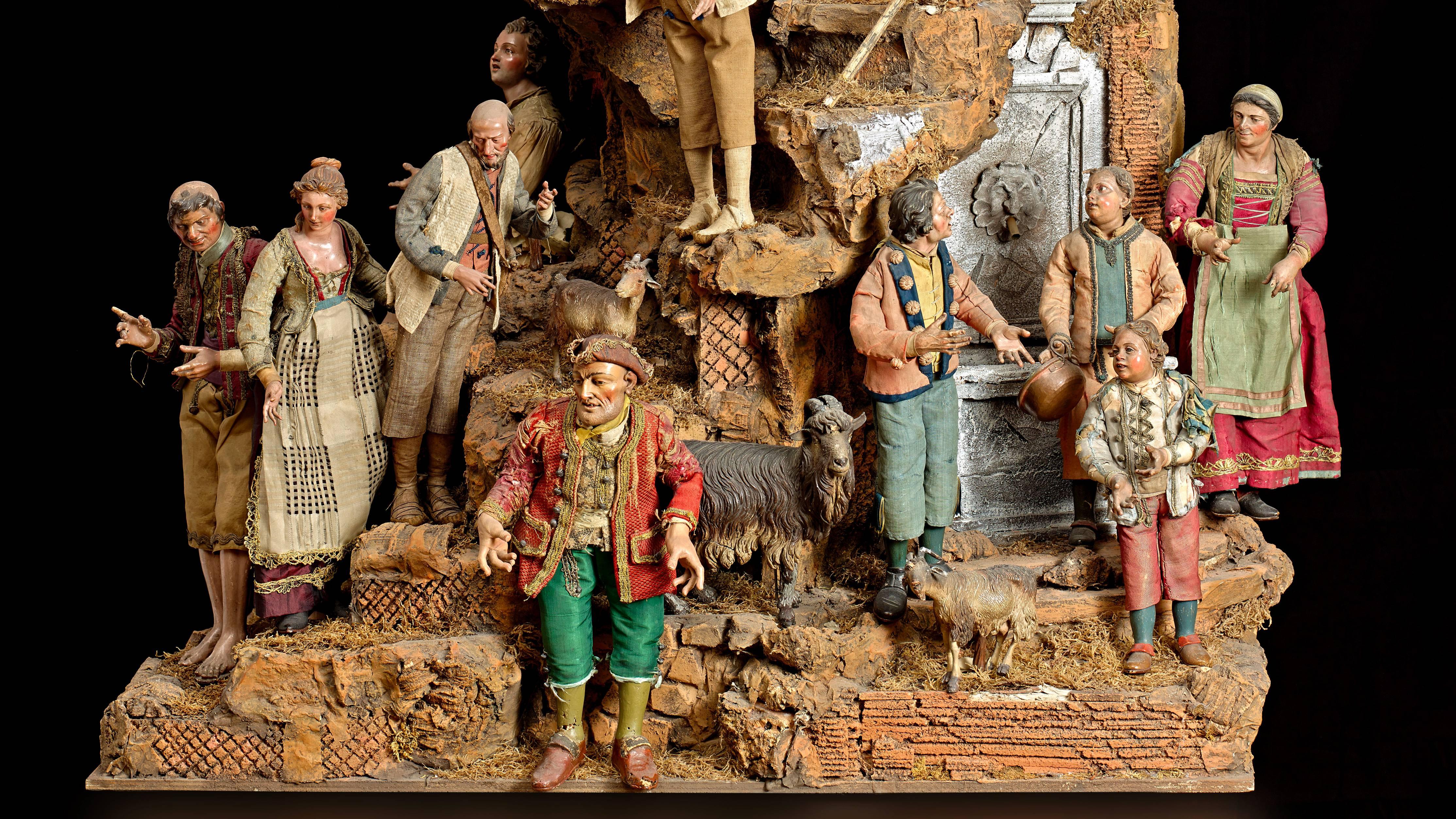 Rococo 18th Century High Quality Neapolitan Crèche with 20 Figures and Structure For Sale