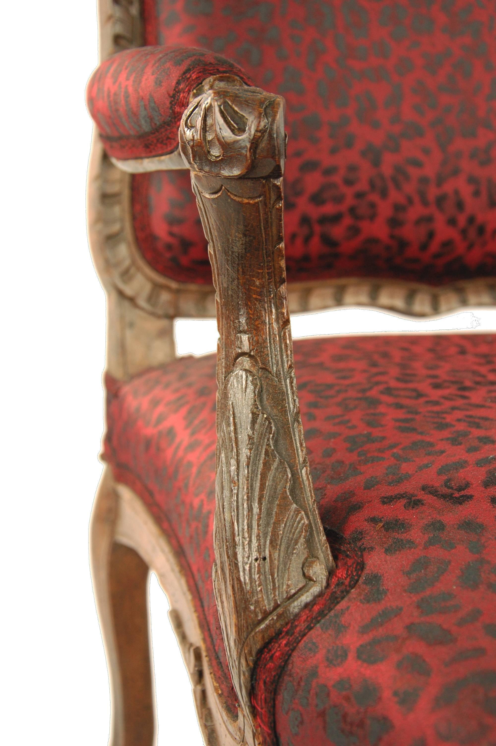 French 18th Century Baroque Period Armchair, Beechwood, carved & stained, brown (Französisch) im Angebot