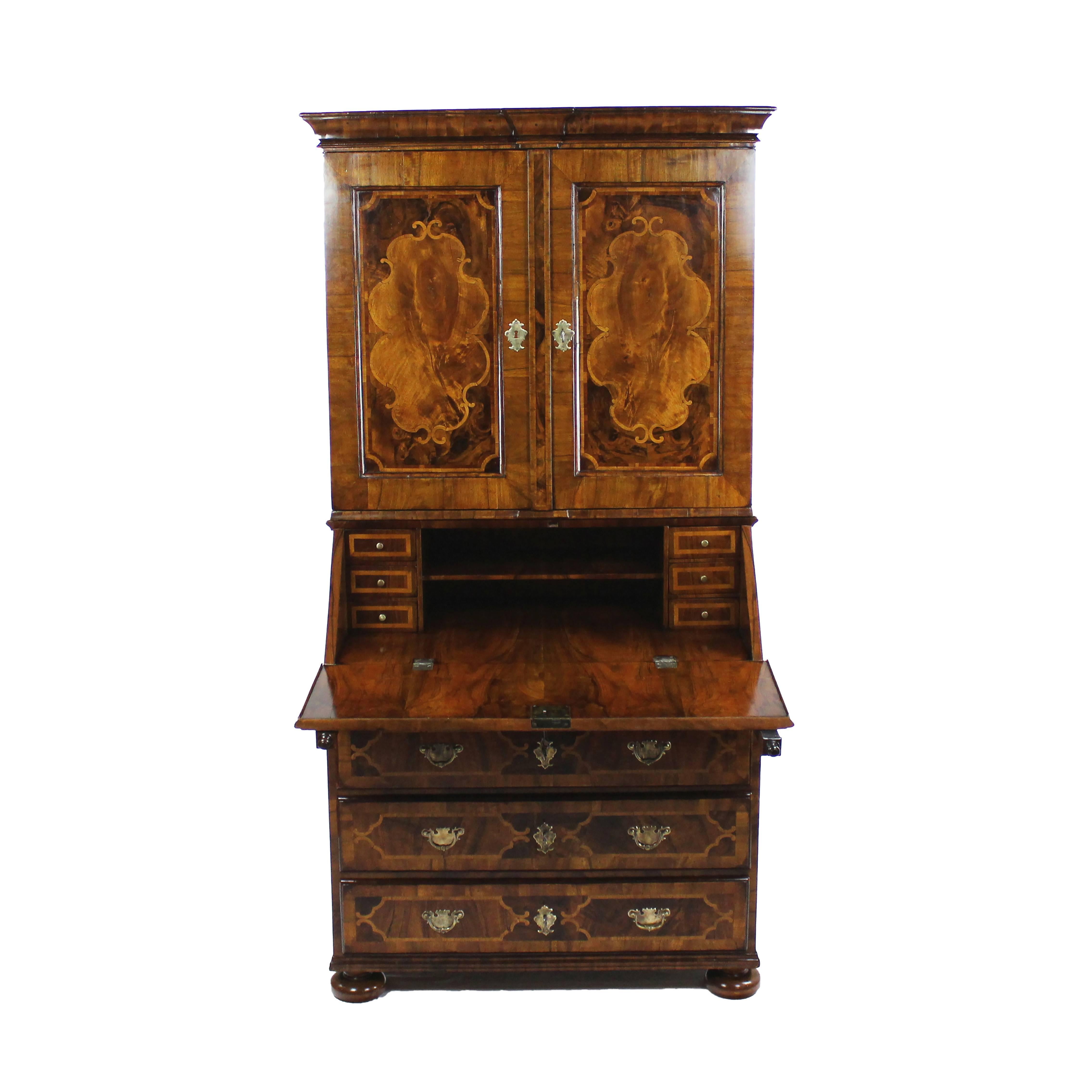 18th Century Baroque Secretary, Walnut-Tree and Nut Root Wood Veneered