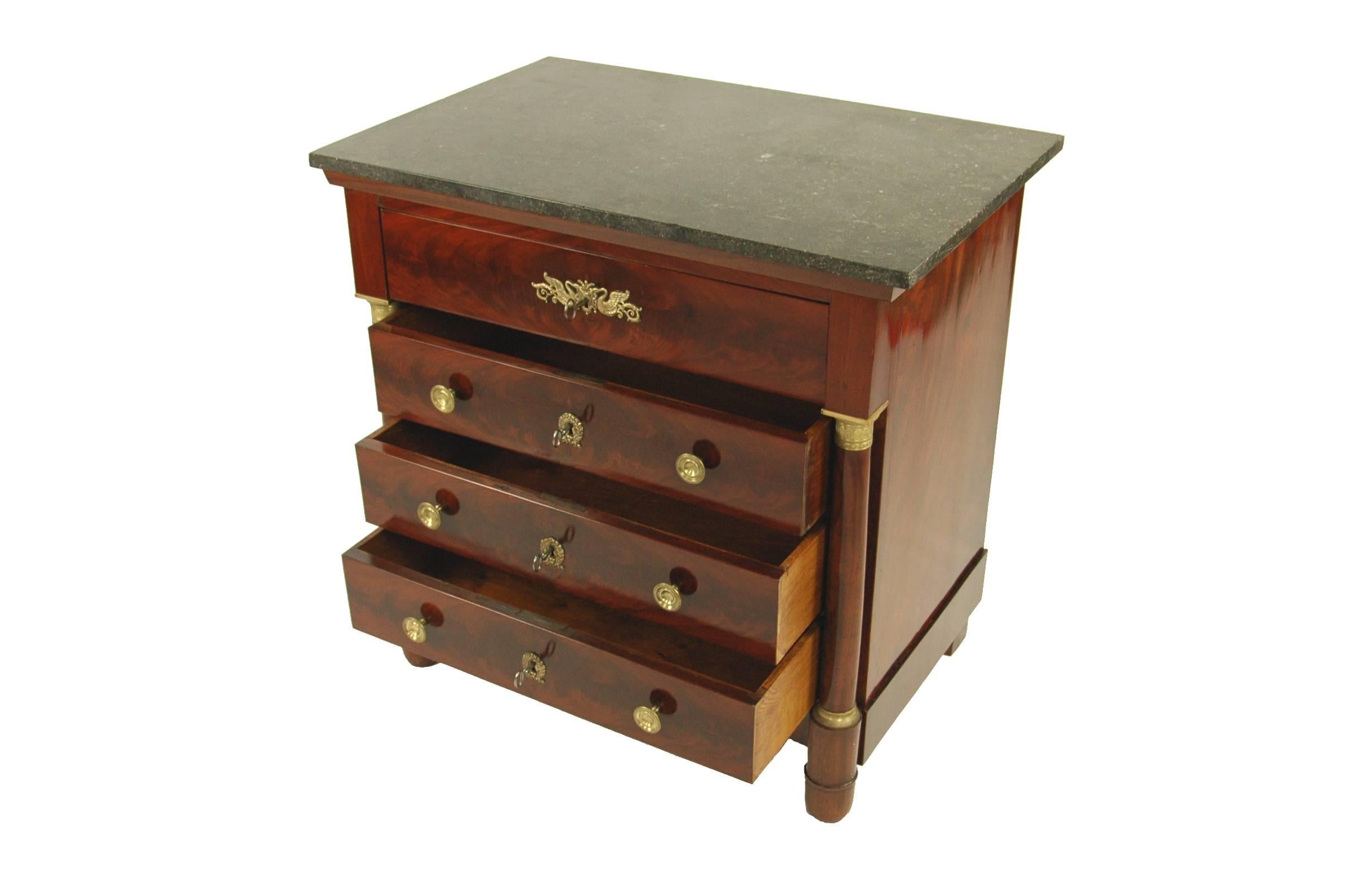 Mahogany on oak body veneered
France, circa 1810
Four drawers
Marble top
Full columns
Restored state
French shellac hand polish
Measures: Height 83.5 cm, width 84 cm, depth 56 cm

Delivery can be made to your door within 7 days worldwide.