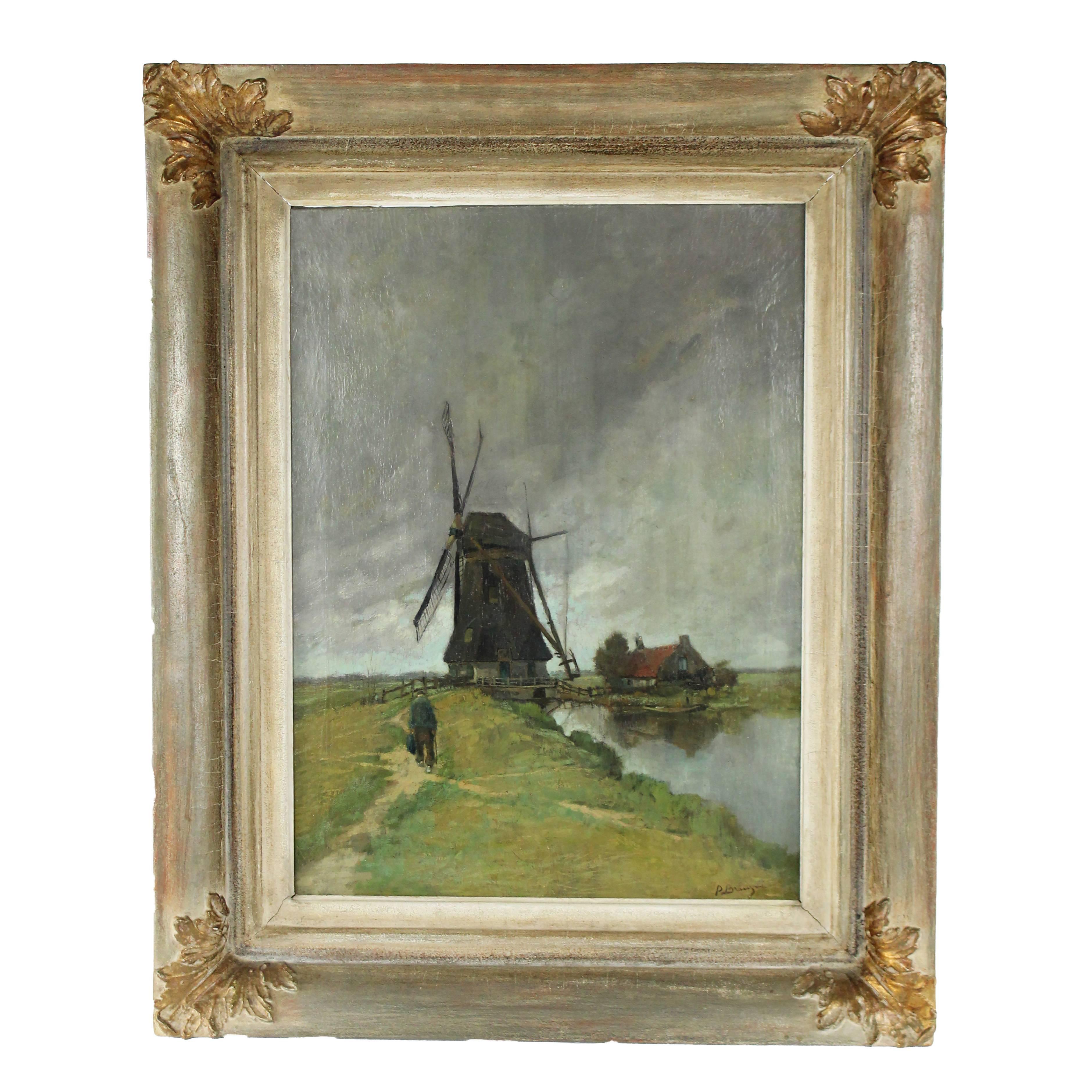 Framed Oil Painting on Canvas, Windmill, by P. Bruyn For Sale