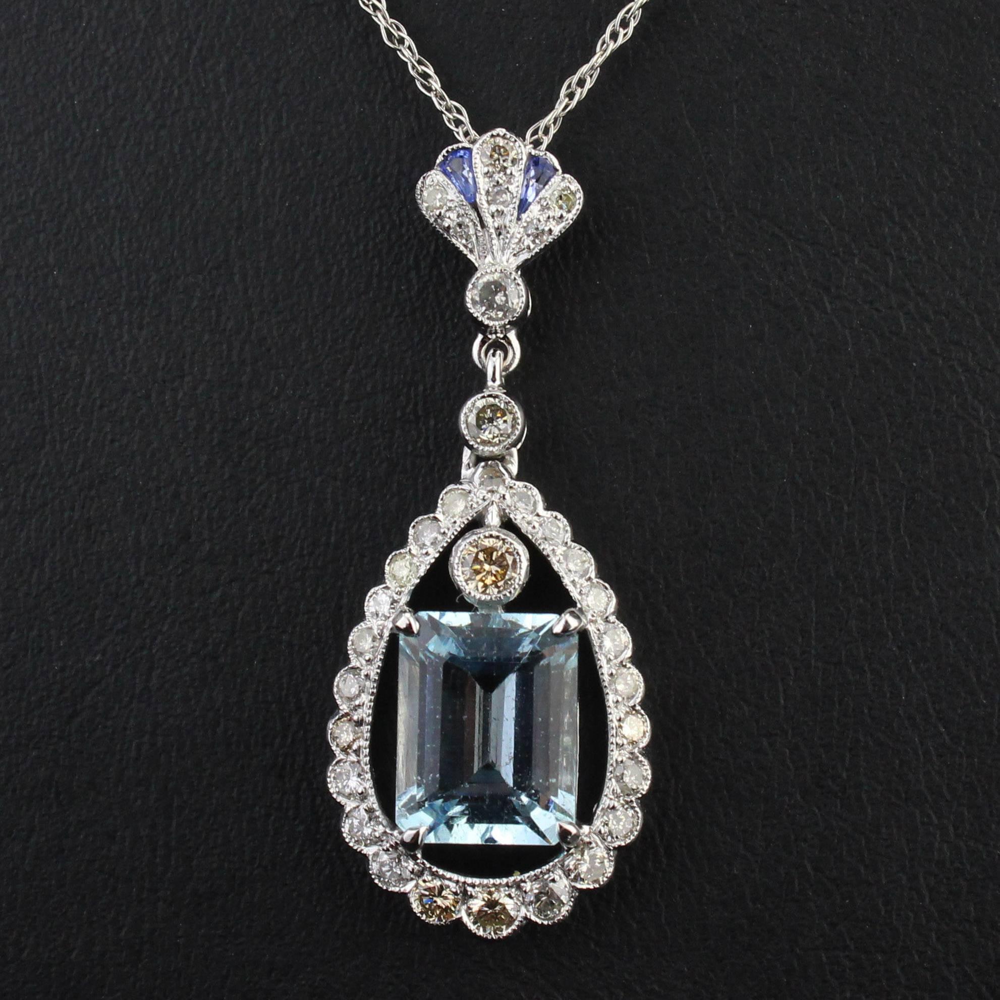 Necklace, circa 1960/70
With aquamarine and diamonds
Measures: Height 3.2 cm, width 1.5 cm, depth 0.2 cm, chain length ca. 45 cm

Delivery can be made to your door within 7 days worldwide. We already delivered to Asia, US and a lot of European