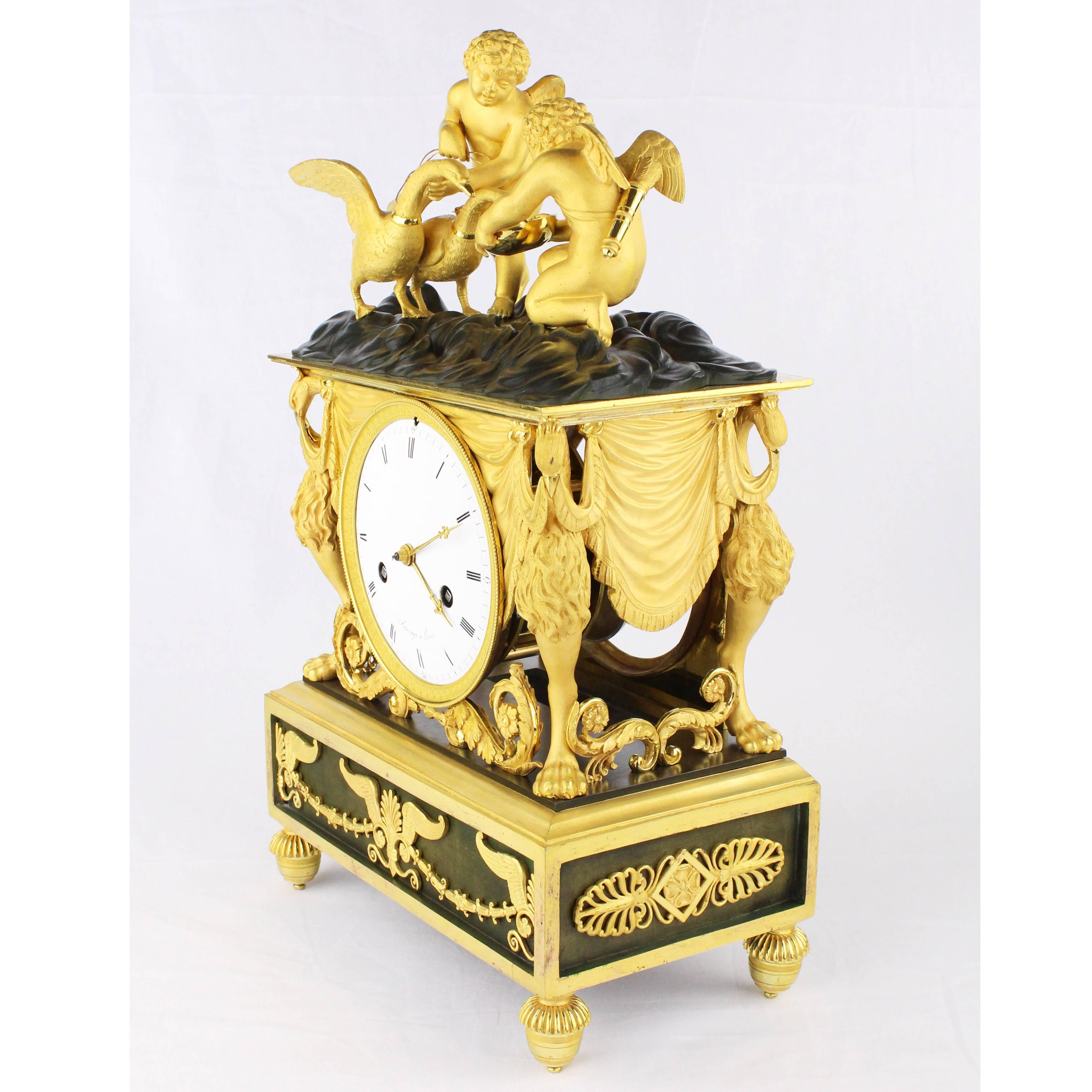Beautiful rare pendule
France, Directoire, circa 1790-1800
Figurative representation of two Putti with swans
Bronze, fire-giltly
On dial 