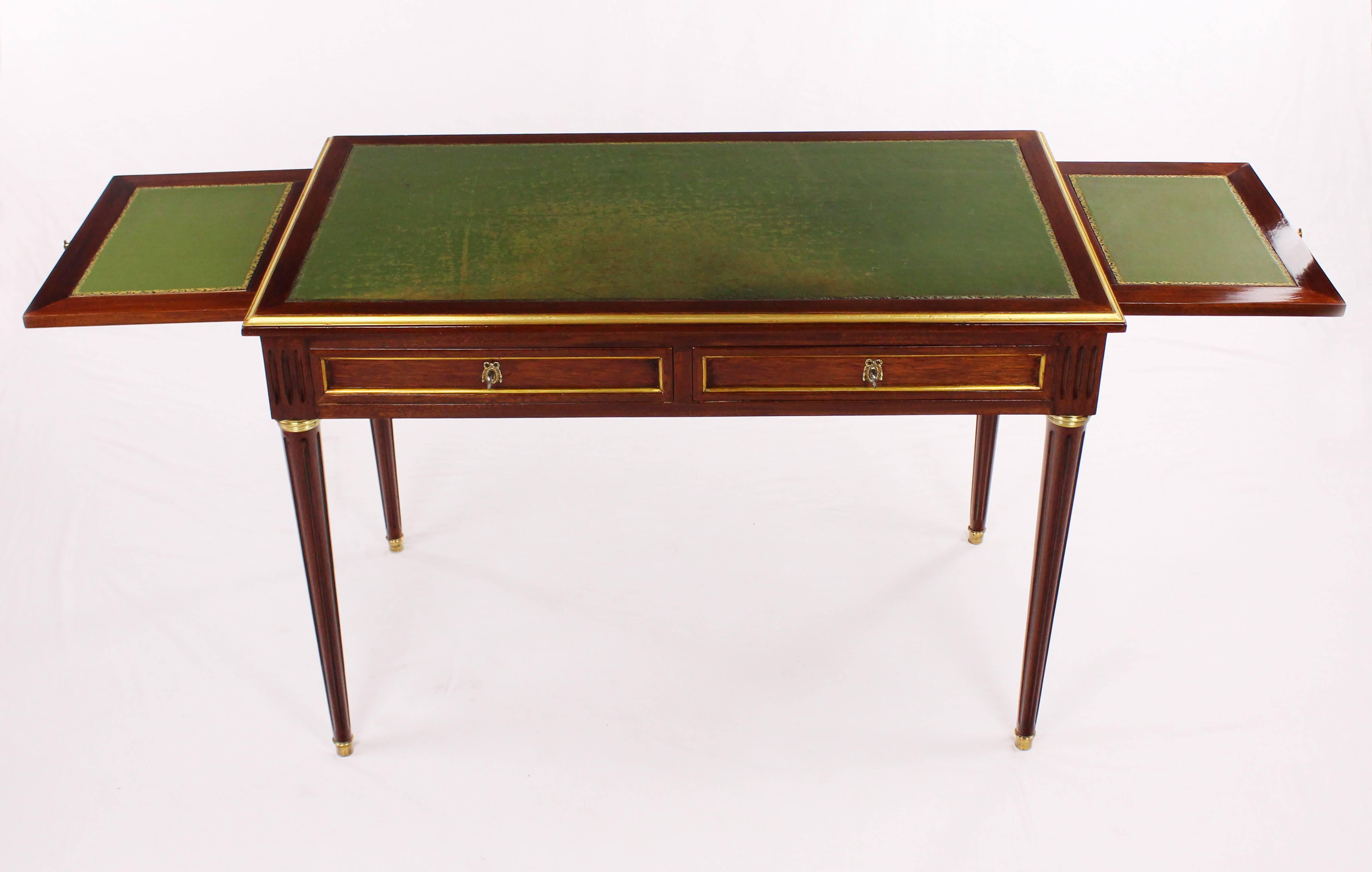 Biedermeier French 19th Century Desk, Mahogany Veneer, Leather Writing Surface