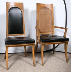 Eight Mastercraft Burl Wood and Black Vinyl Mid-Century Dining Chair