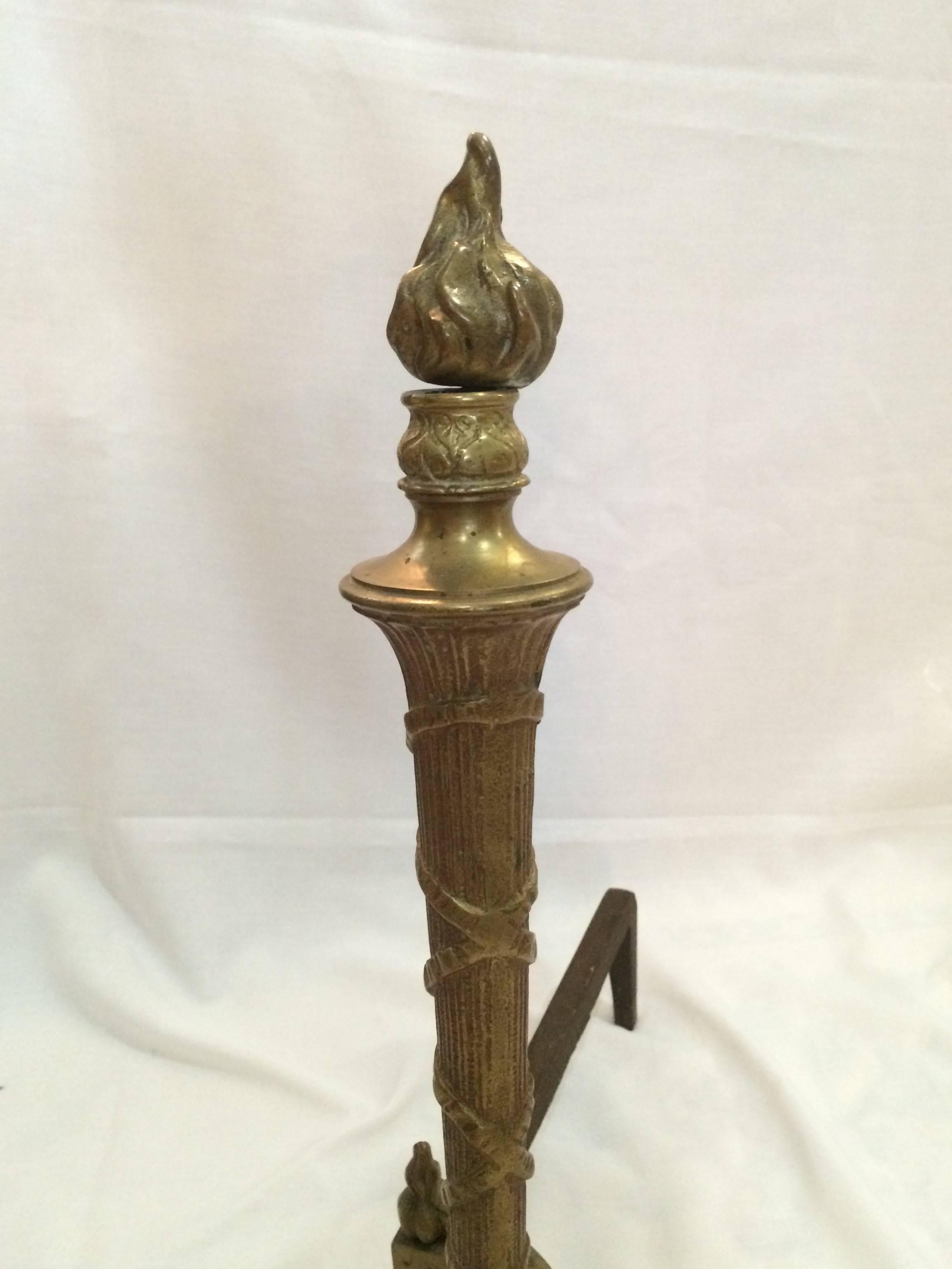1920s Hollywood Regency Glamorous French Brass Andirons, Great Detail In Excellent Condition In Westport, CT