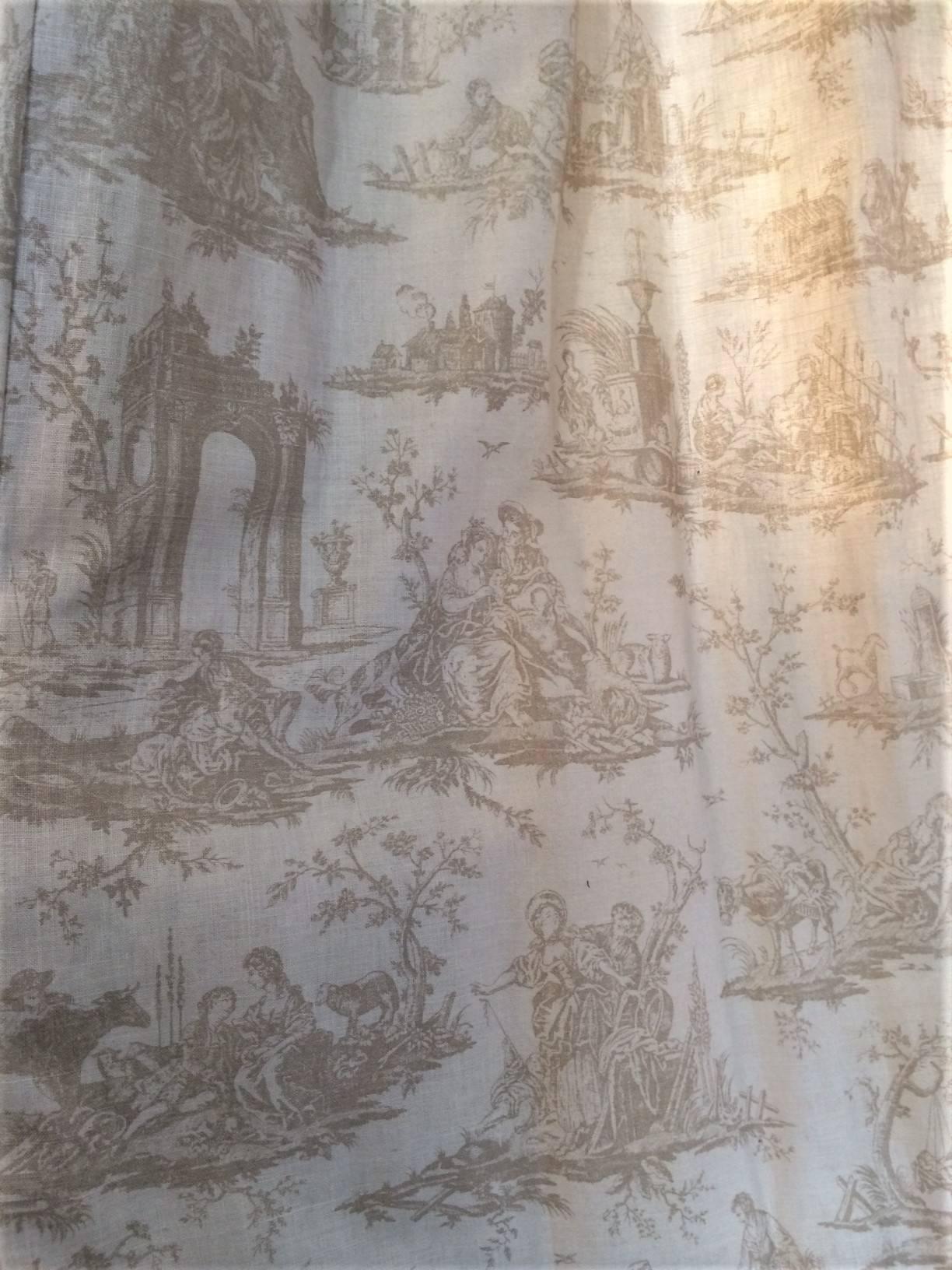 Rococo In the Style of Jean-Baptiste Huet-Off White and Taupe French Toile De Jouy Drap