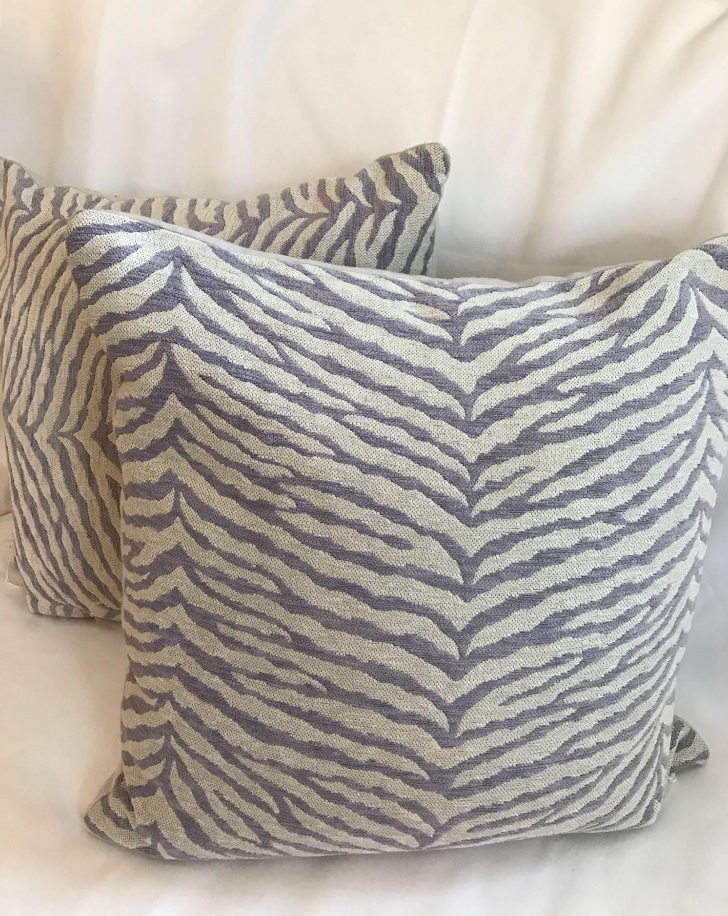 Modern Set of Two Lavender & White Zebra Stripped Glorious Schumacher Fabric Pillows