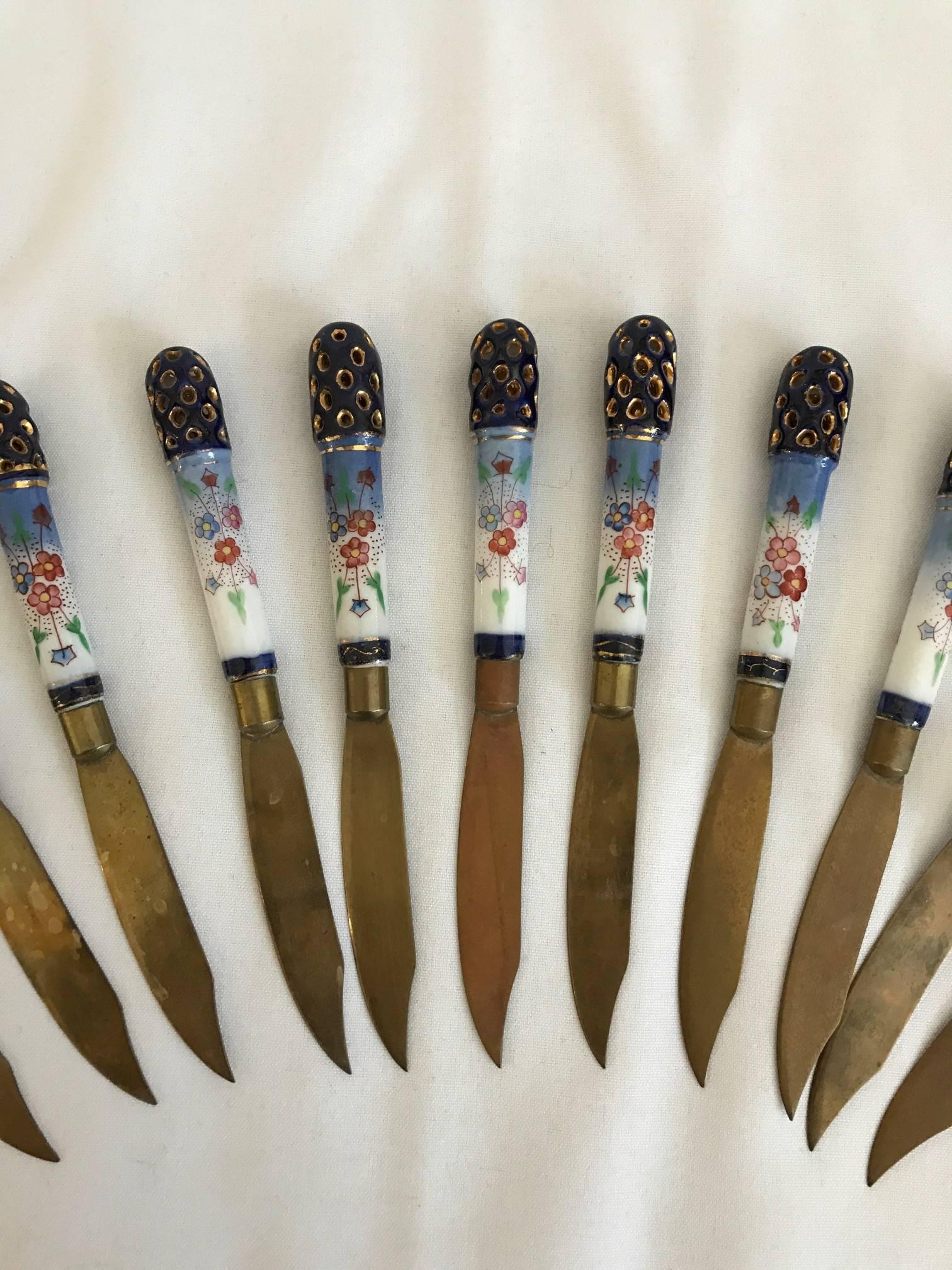 Hollywood Regency Set of 12 Made in Austria Cheese or Fruit Knives Brass Knives Porcelain Handles