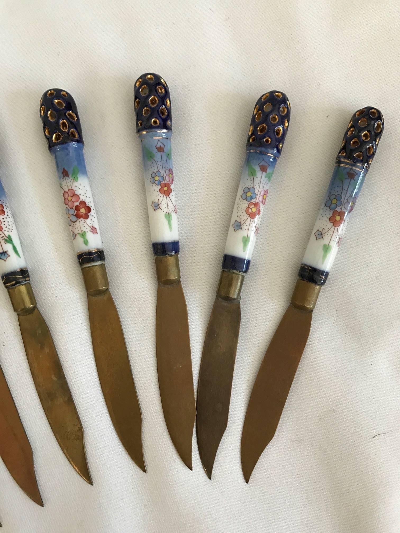 Austrian Set of 12 Made in Austria Cheese or Fruit Knives Brass Knives Porcelain Handles