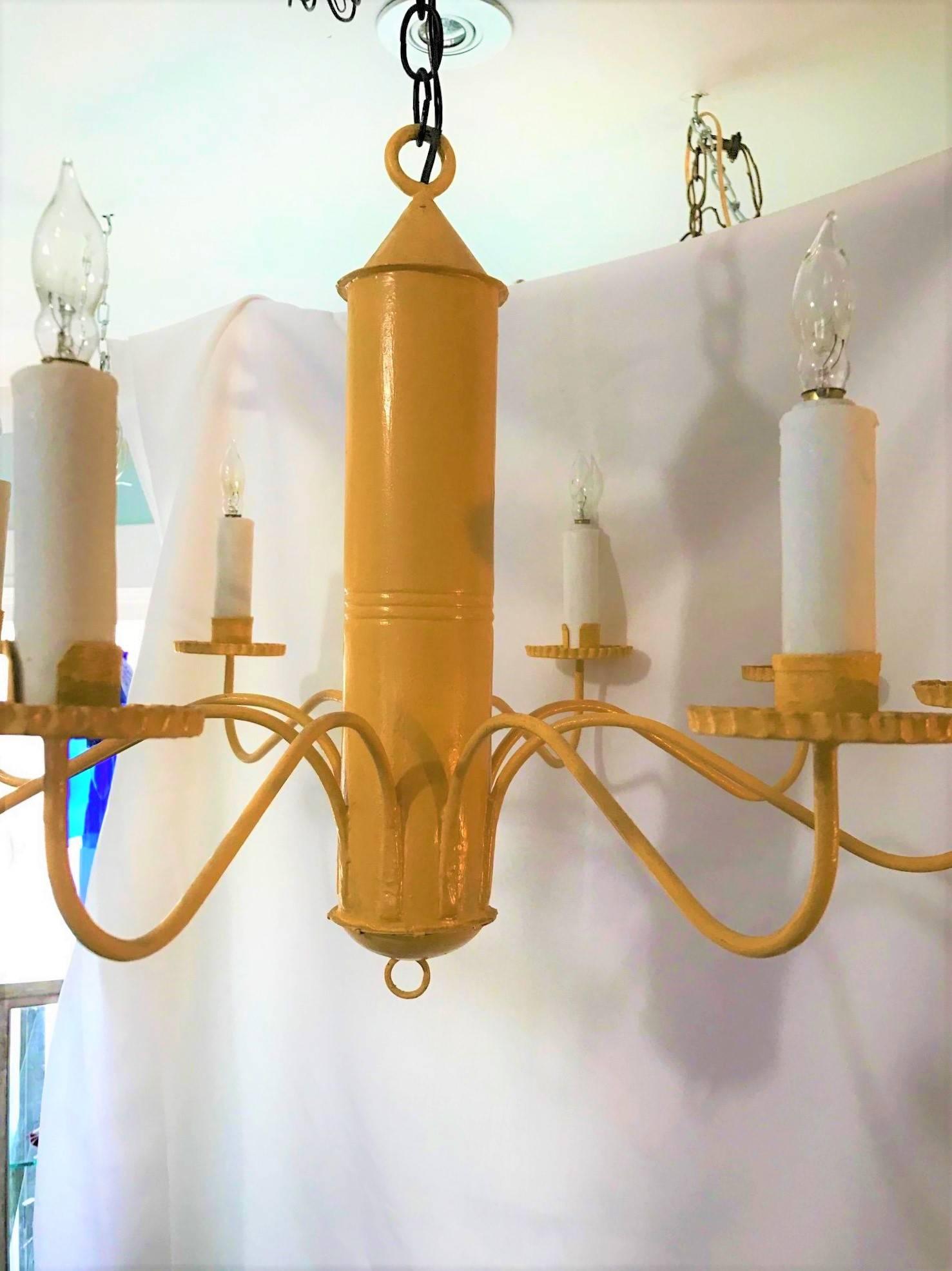 Mid-Century Modern clean lines fabulously unique and hand-forged buttercup yellow barrel chandelier - lon Mid-Century Modern sleek clean lined design. We love this piece. Color of the month - one of a kind beautiful craftsmanship from a local