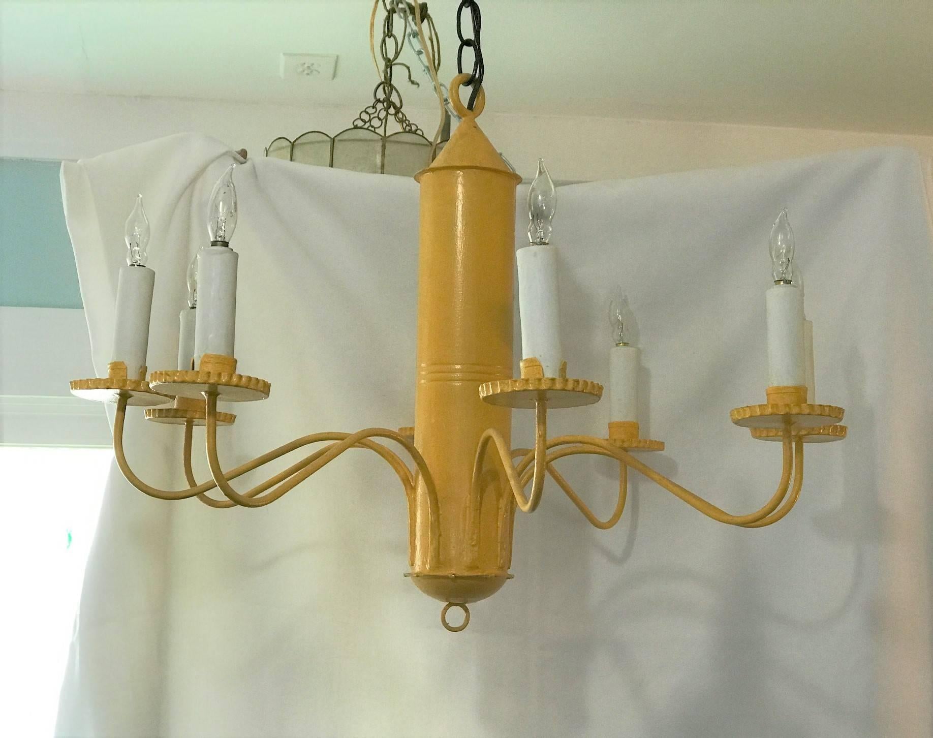 ON SALE NOW! ON SALE NOW! Hand-Forged Buttercup Yellow Barrel Chandelier In Excellent Condition In Westport, CT