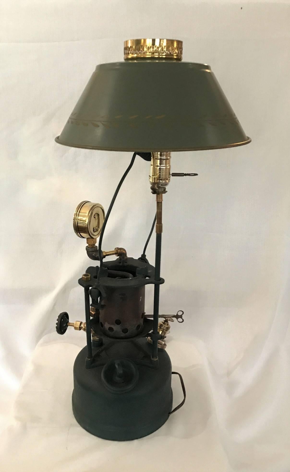 On Sale Now!  Man Cave!  Perfect Gift For That Special Man in Your Life!!  Early 1900's lead Melter lamp. Polished brass oxygen gauge antique metal. This is an original 1900's piece that is converted into a modern day lamp. Conversion by Local a