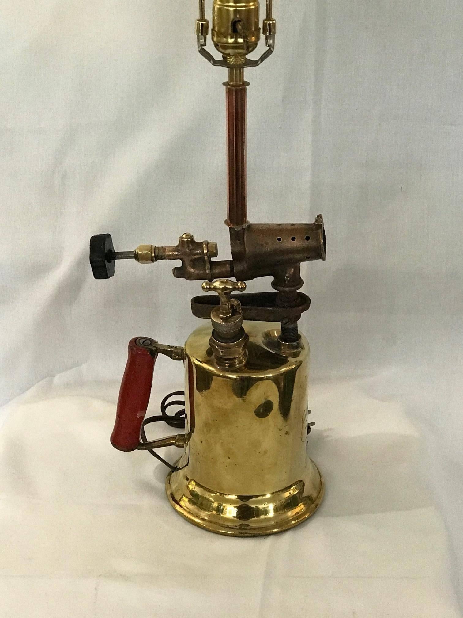 Industrial Sale! Sale!  Man Cave Blow Torch Lamp Conversion Polished Brass Parts and Shade