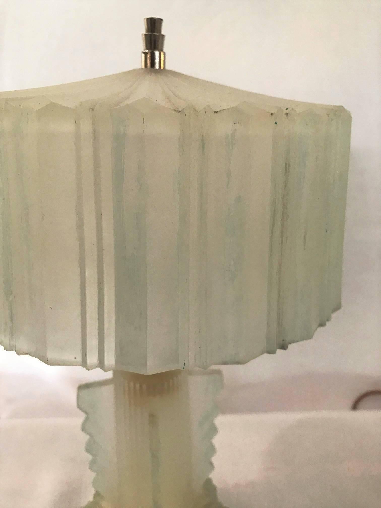 French SALE! SALE! SALE! A Pair of Art Deco Lalique Style Glass Lamps Nickle Finials 
