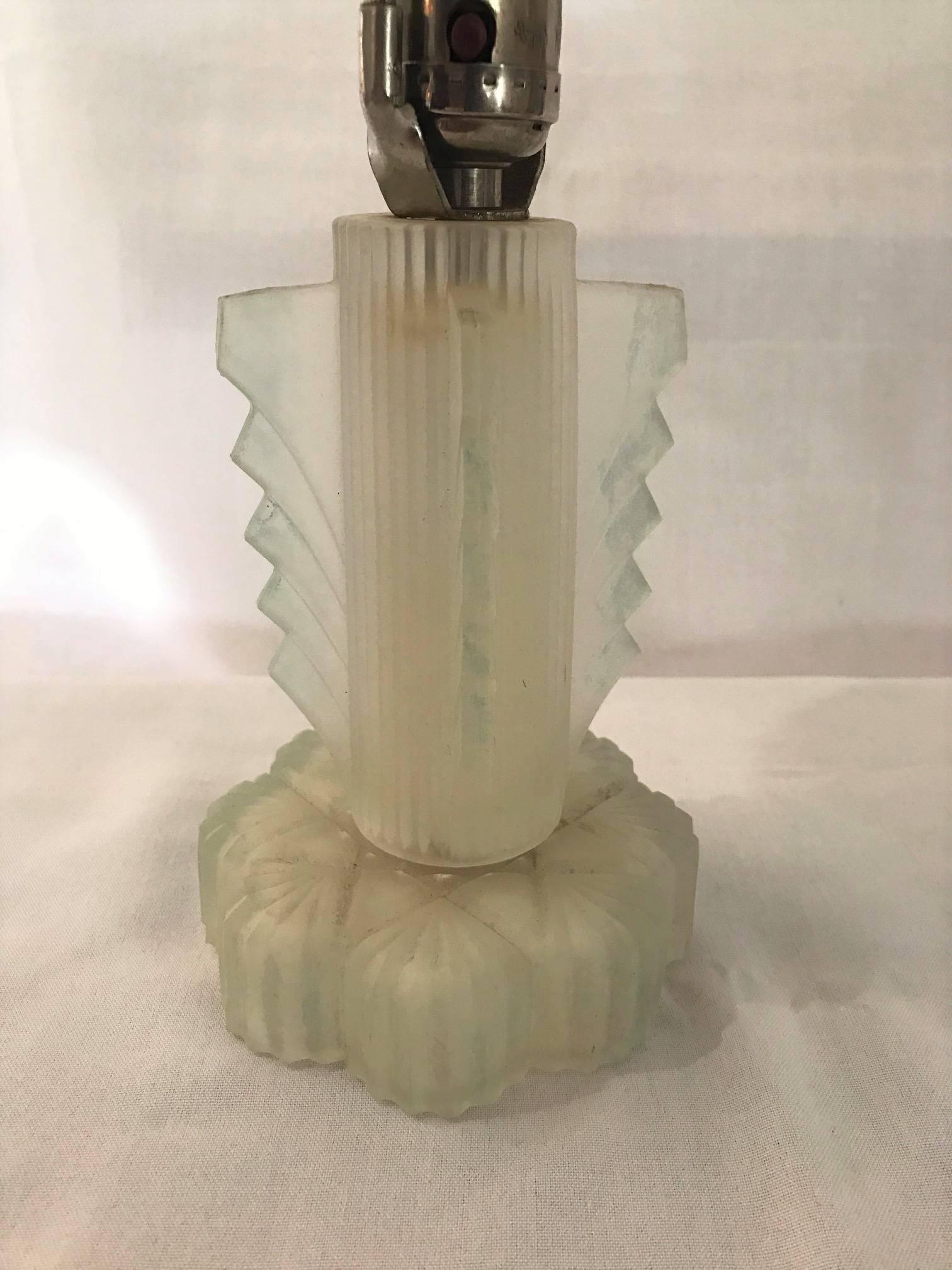 Early 20th Century SALE! SALE! SALE! A Pair of Art Deco Lalique Style Glass Lamps Nickle Finials 