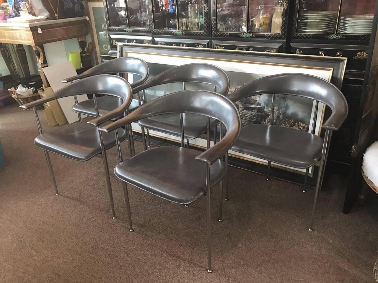 Set of Five Italian Modern Possibly Giancarlo Vegni Leather and Chrome Chairs 6