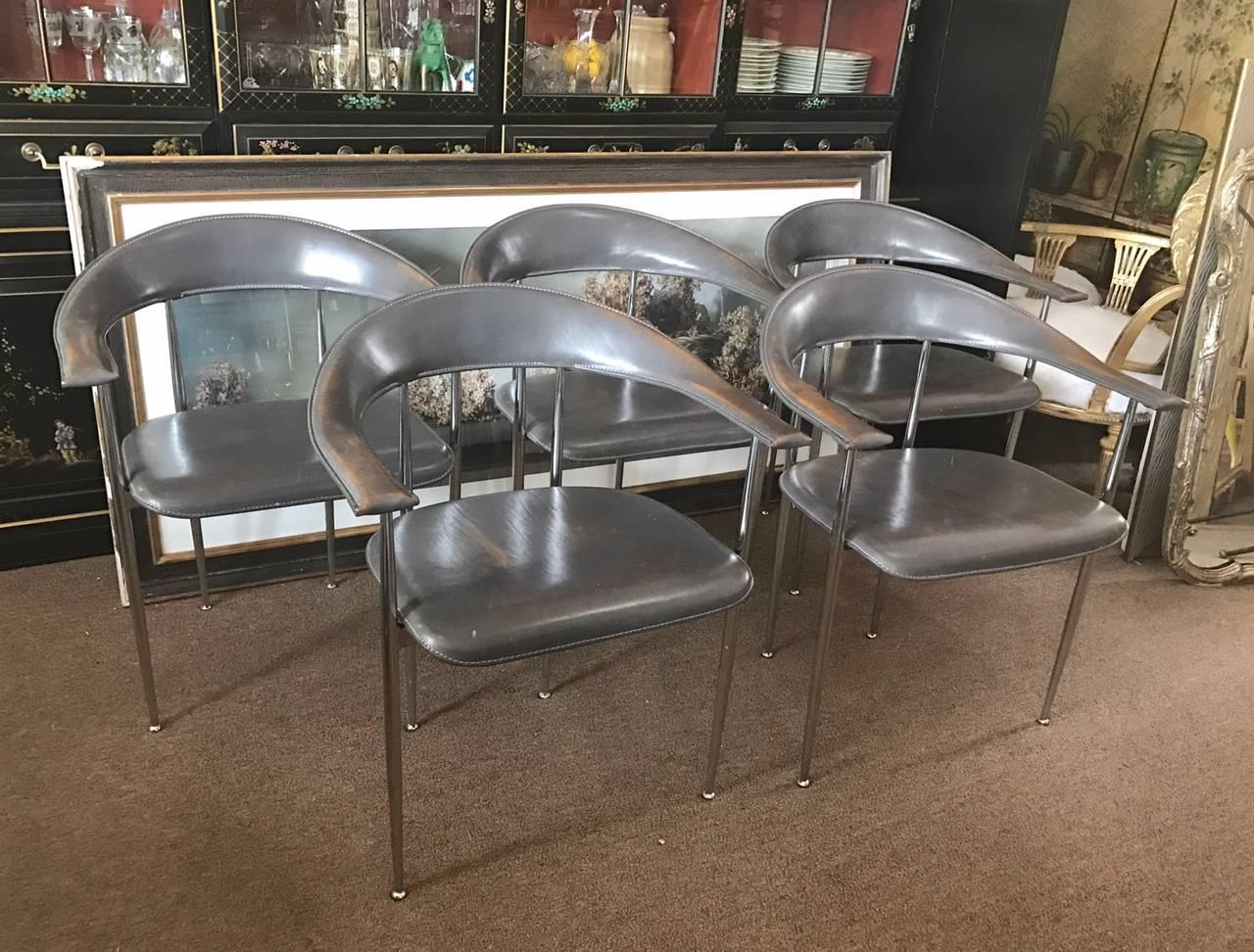 Set of Five Italian Modern Possibly Giancarlo Vegni Leather and Chrome Chairs 5