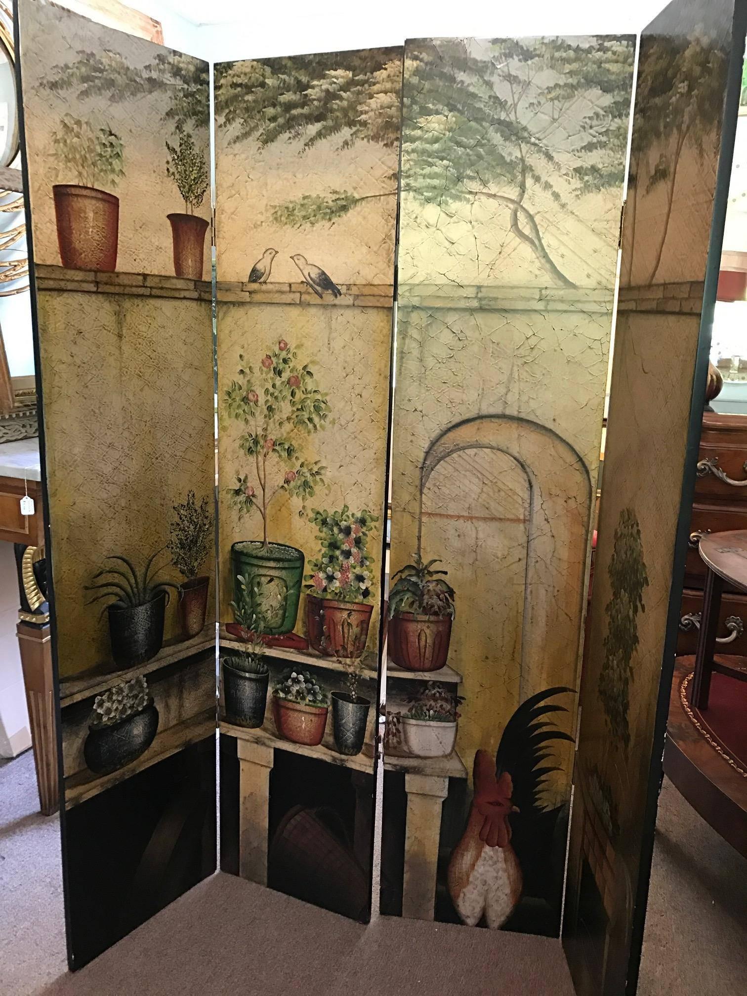 French cafe room divider - French country design and colors - cock a doodle doo! Fantastic scene of a grand great cock, birds, trees, jardinieres, European plaster walls and soft subtle colors. Great for any size room for privacy screen or