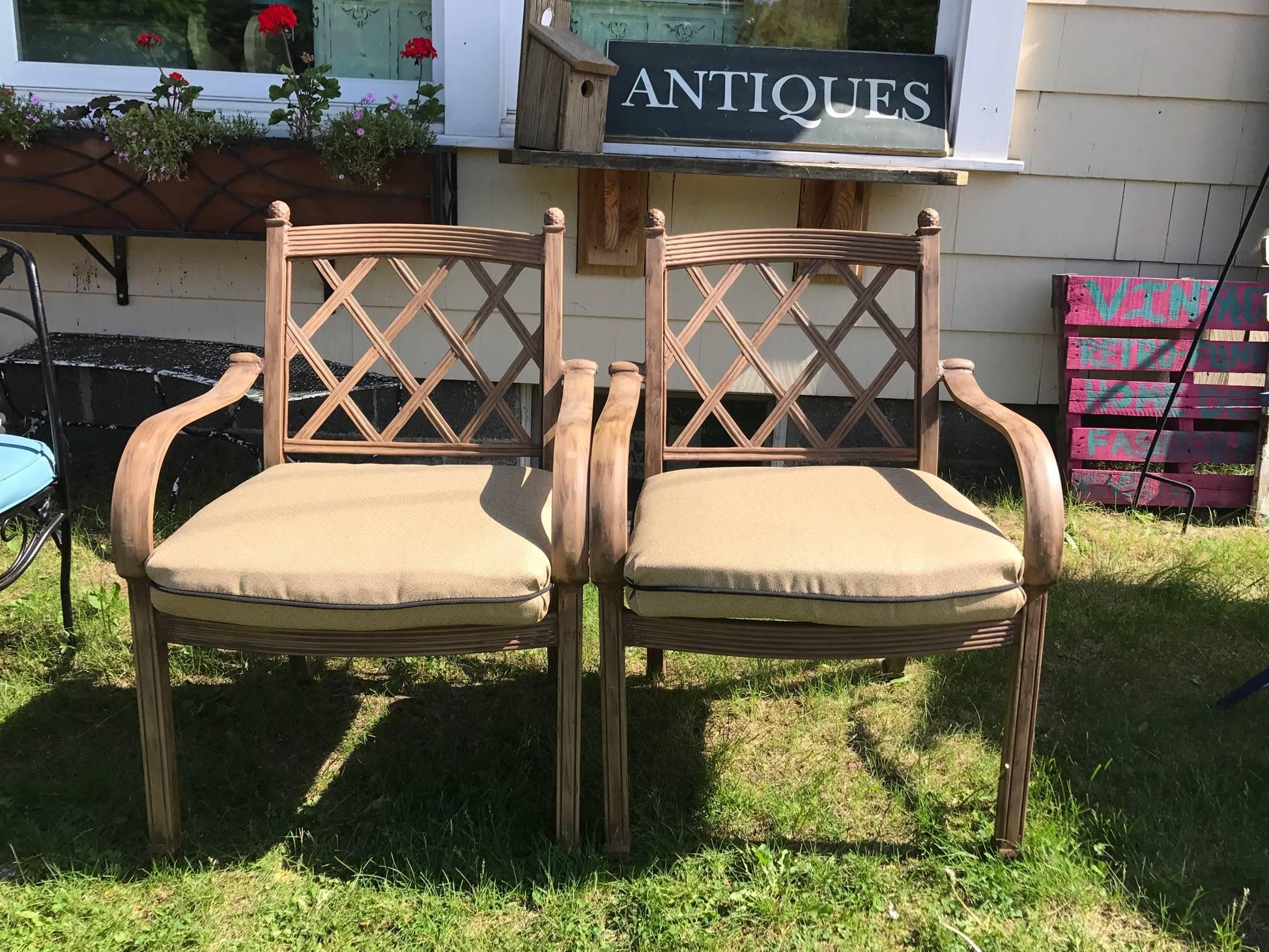 Two chairs with ultra clean cushions. This set seems to be aluminum and in excellent condition. A smoked glass tabletop is included in this great outdoor set. 

chair dimensions: 
H- 33.5 x L-24 x D-18.5 x SH-15.5.