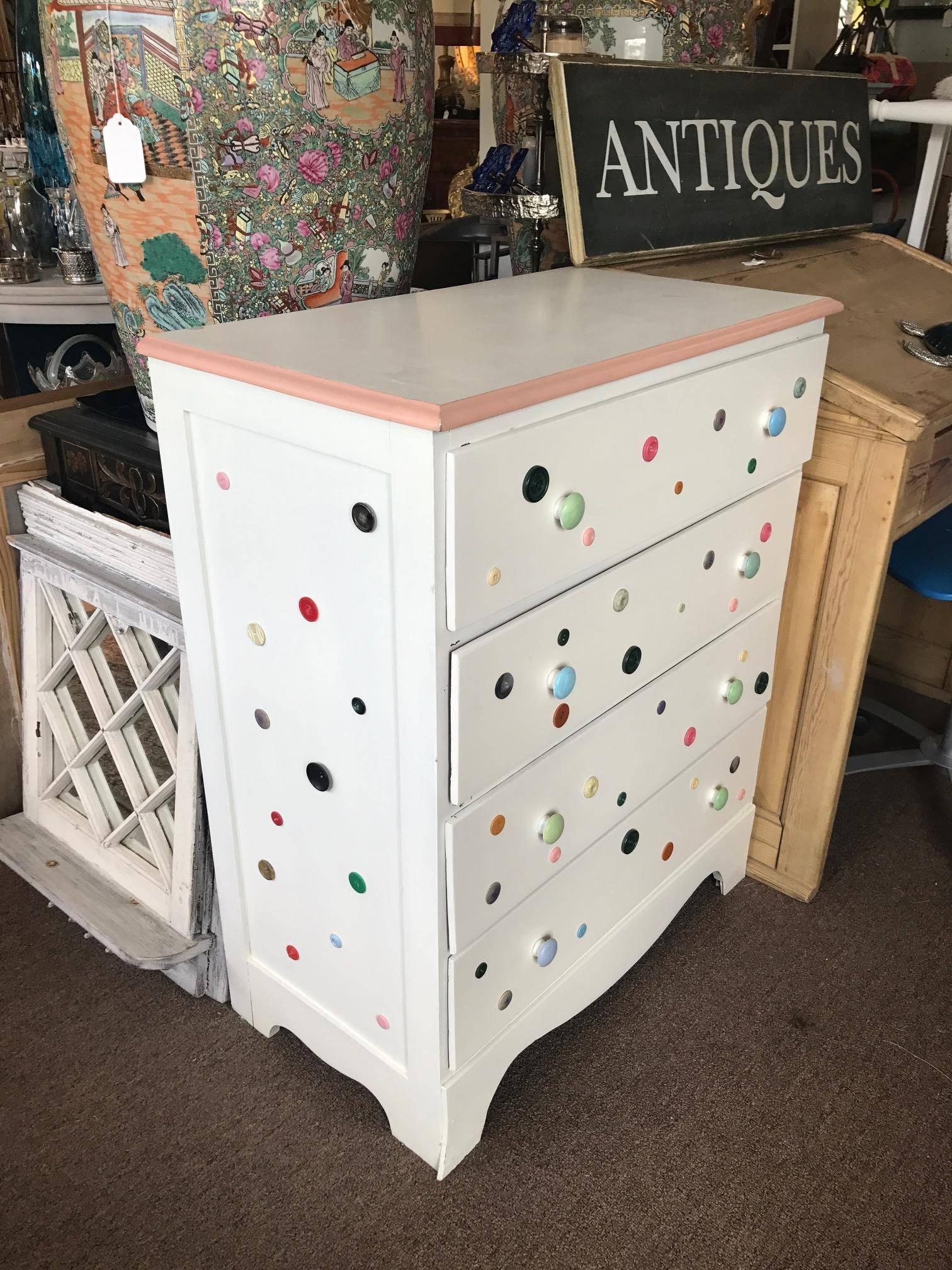 Louis XVI Cute As a Button - Button Dresser with Pink Perimeter and White Top Dovetailed