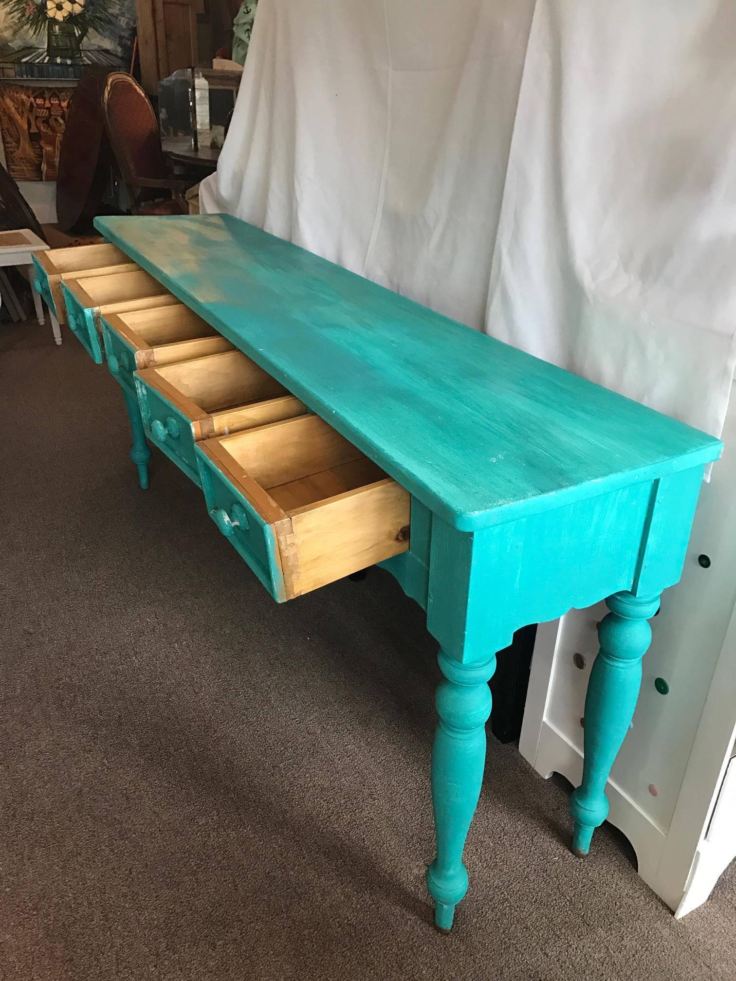 American Shabby Chic Beach Cottage Farmhouse Teal Console, Pine Painted, Five Drawers