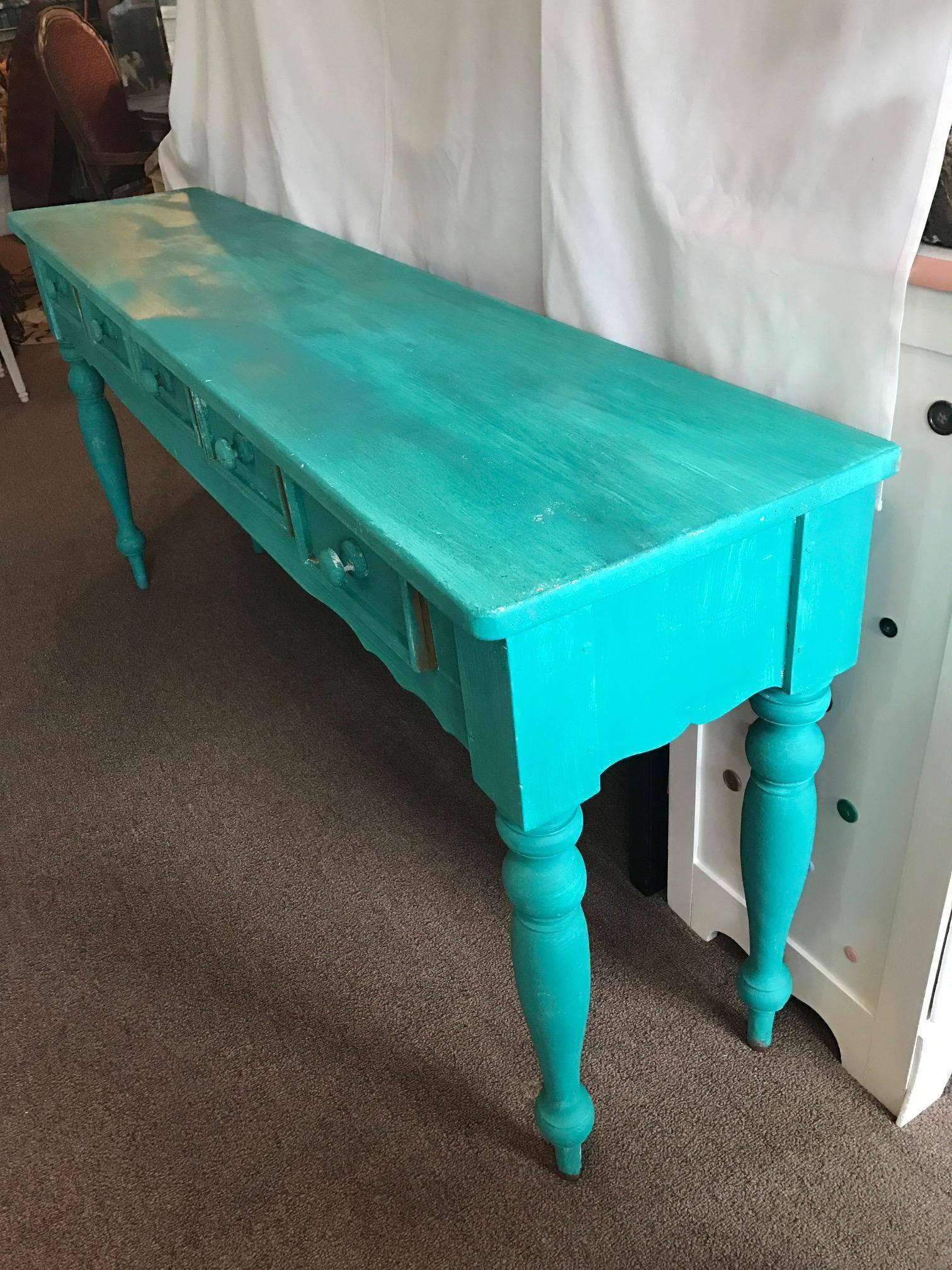 Shabby chic beach cottage farmhouse teal console, pine painted, five-drawers. Painted a great farmhouse chic teal with an undertone of soft white. Fabulously fun!