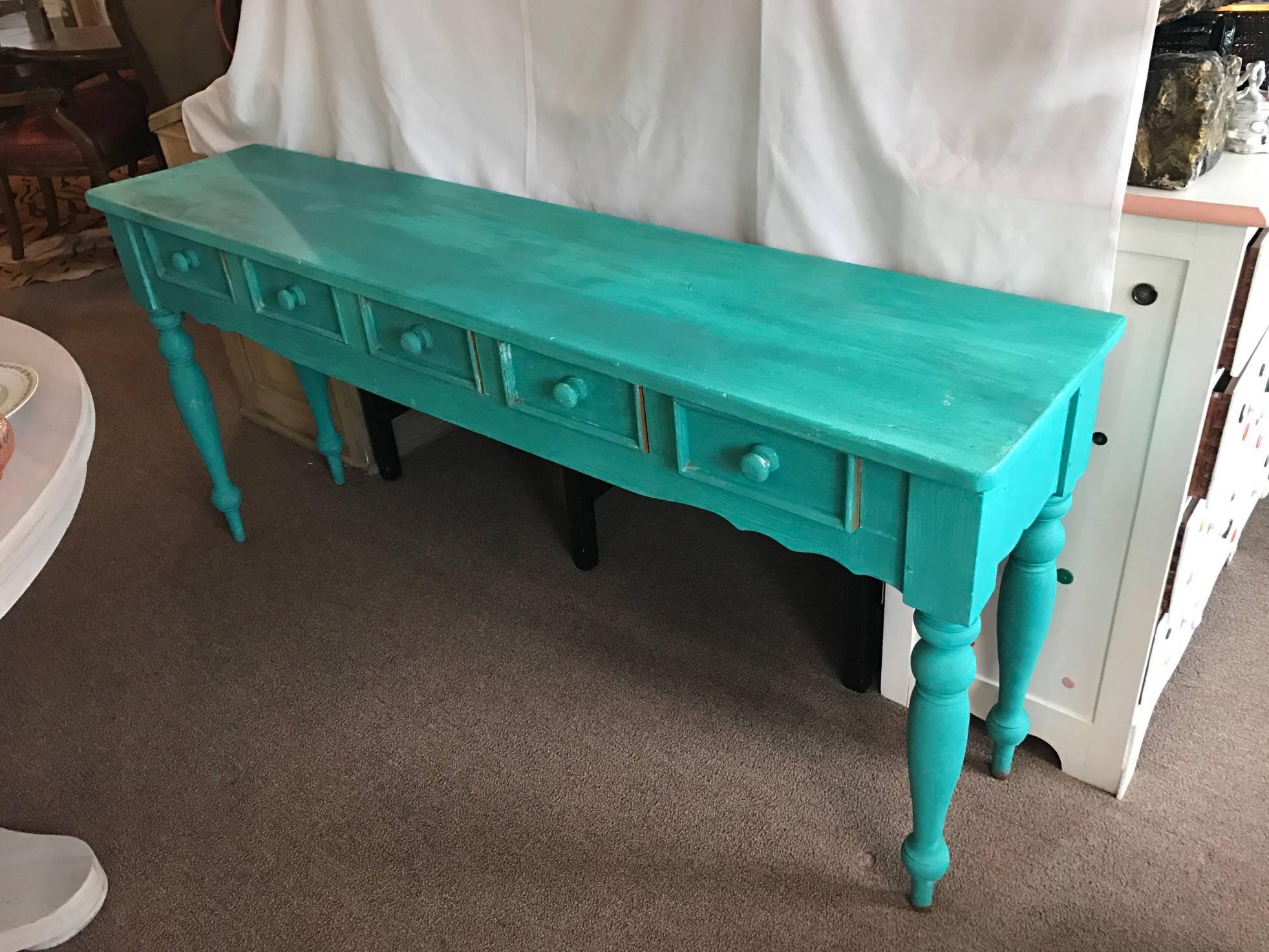 20th Century Shabby Chic Beach Cottage Farmhouse Teal Console, Pine Painted, Five Drawers
