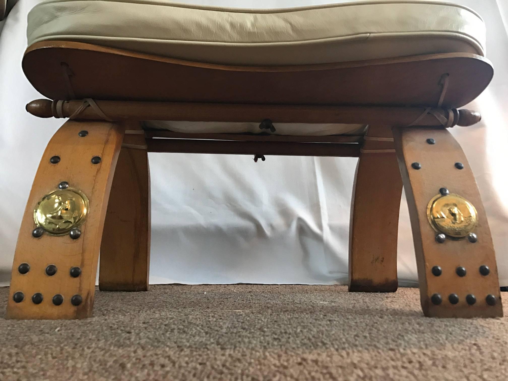 Unique Egyptian Camel Bench or Ottoman Creme Colored Leather Seat 1
