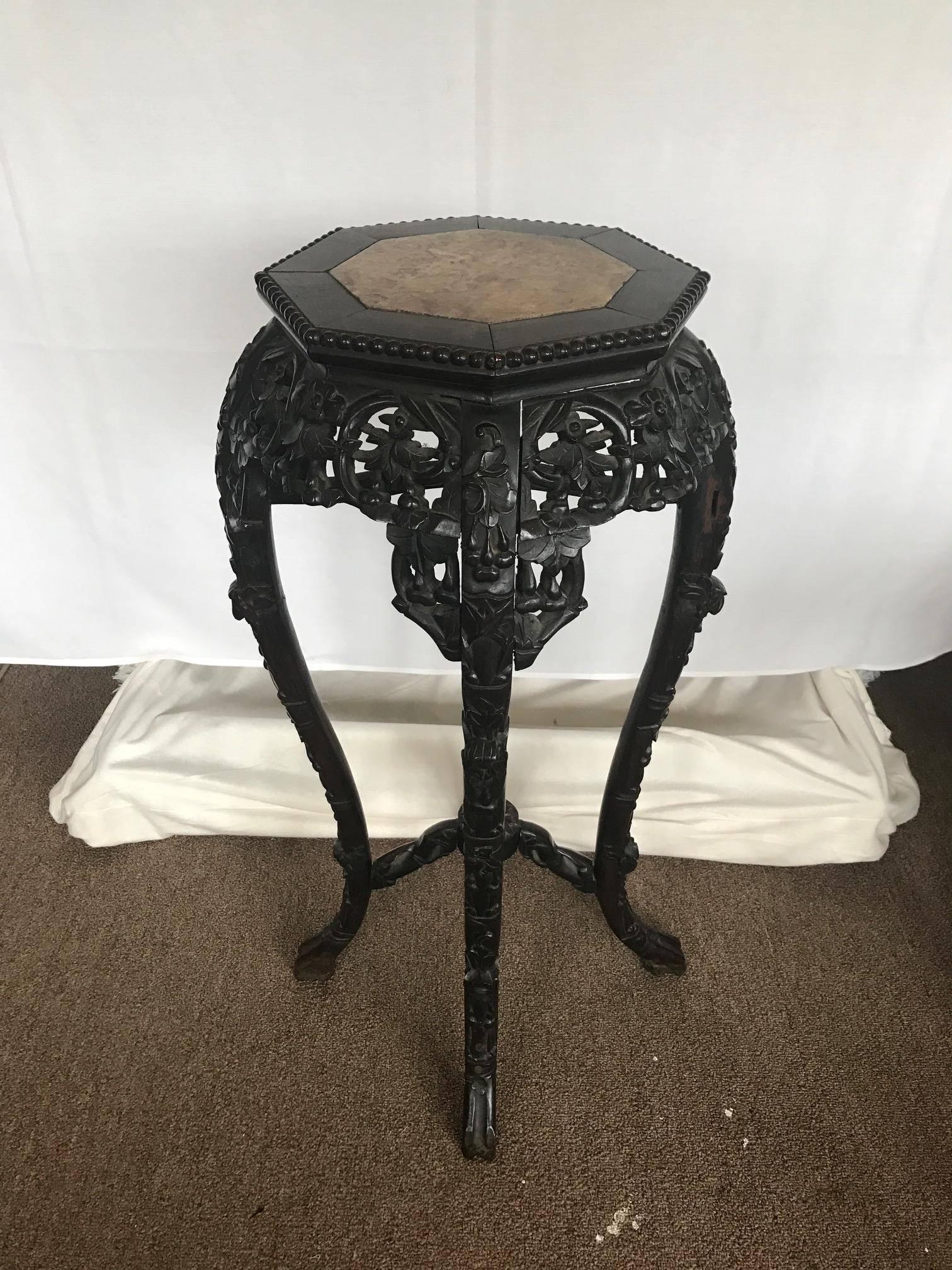 Chinese Finely Carved Asian Rosewood and Marble-Top Planter
