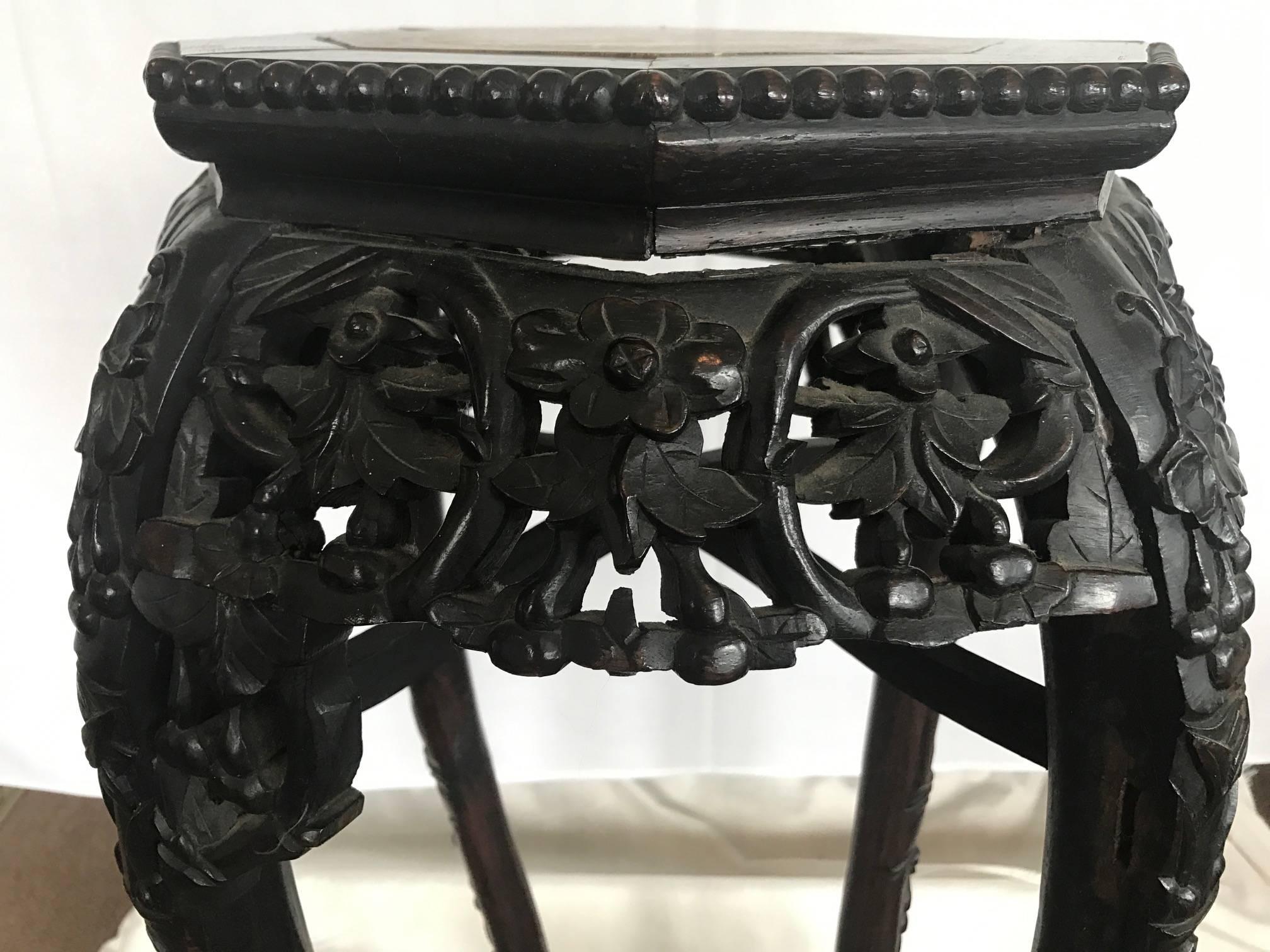 Finely Carved Asian Rosewood and Marble-Top Planter In Good Condition In Westport, CT