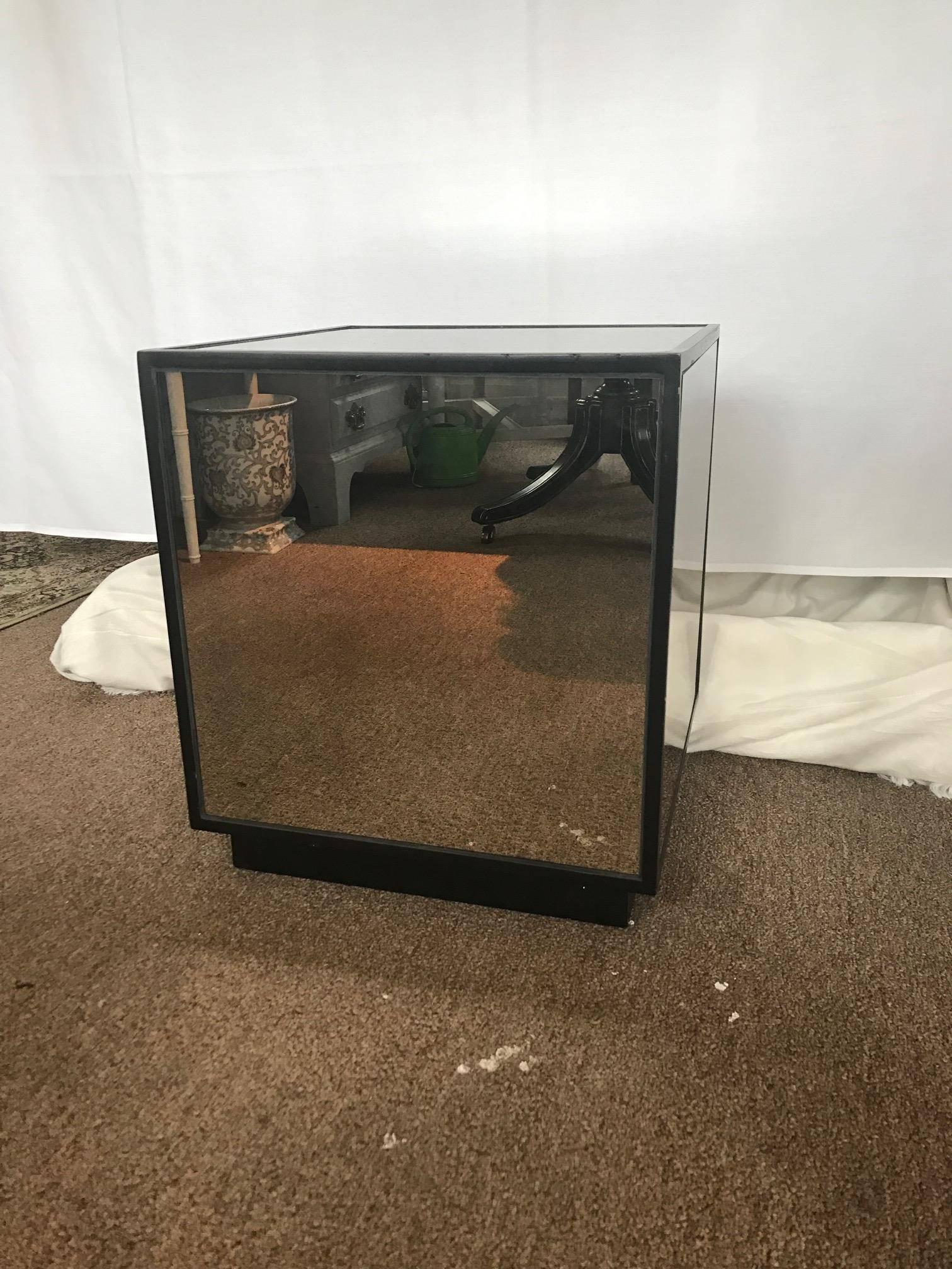 Ralph Lauren style antiqued glass cube side table modern design Hollywood Regency feel! Mirrored. Resting atop a wooden platform - this piece will add soft glamour to any room.