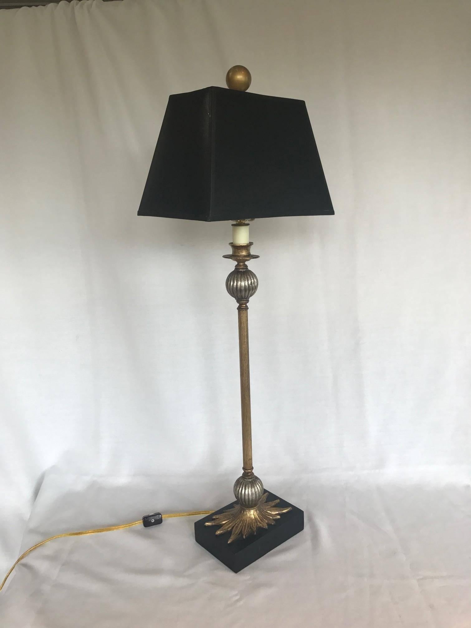Pair of Maison Jansen style candlestick lamps with textured shades. Fabulous pair of elegant lamps from a beautiful Fairfield, Connecticut estate. 

Shade dimensions:
H 7
L 10
D 7.