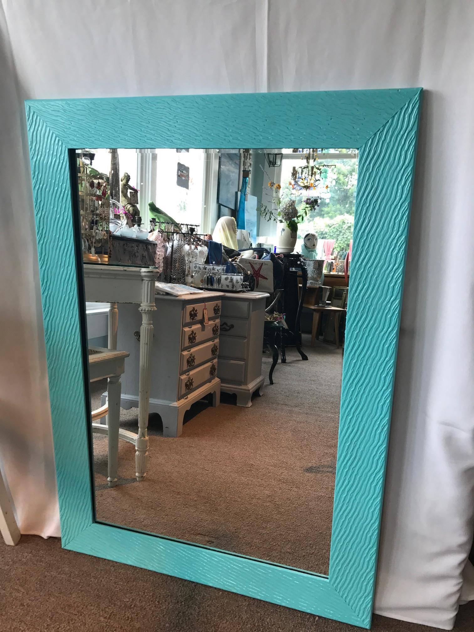 SALE! SALE! SALE! Beach Blues Hand Painted Modern Mirror Wave Design - Can be Horizontal or Vertical Contemporary mirror, add a pop of color. Wave like ridges detailed in the hand-carved wood. Wonderful piece.
