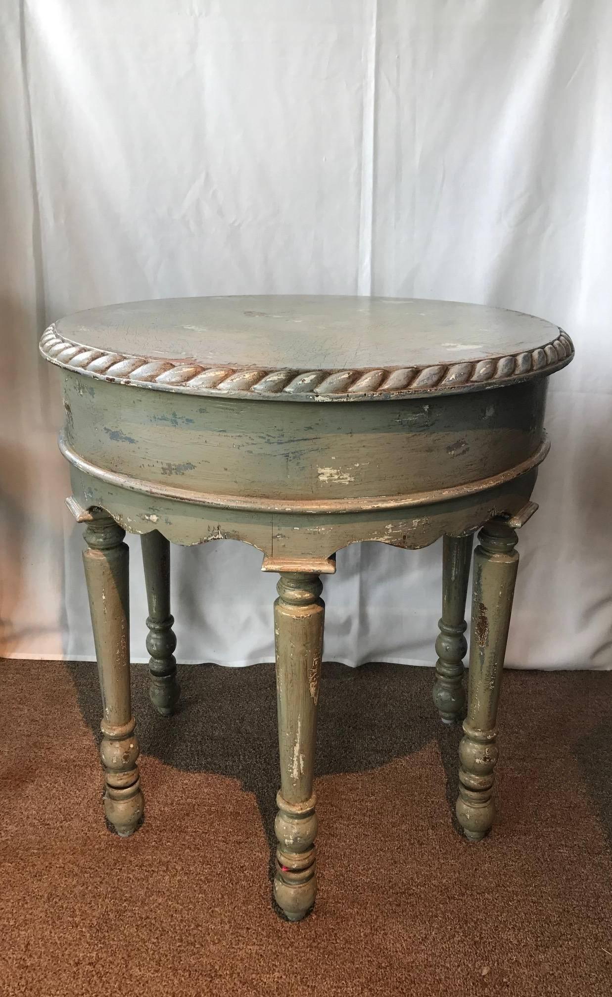 Shabby chic farmhouse side table. Distressed "Sea Star" color. Adds interest and antiquity to a boring place.