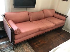 Beautiful 1920s Hollywood Regency Mahogany Sofa, Upholstered in Silk
