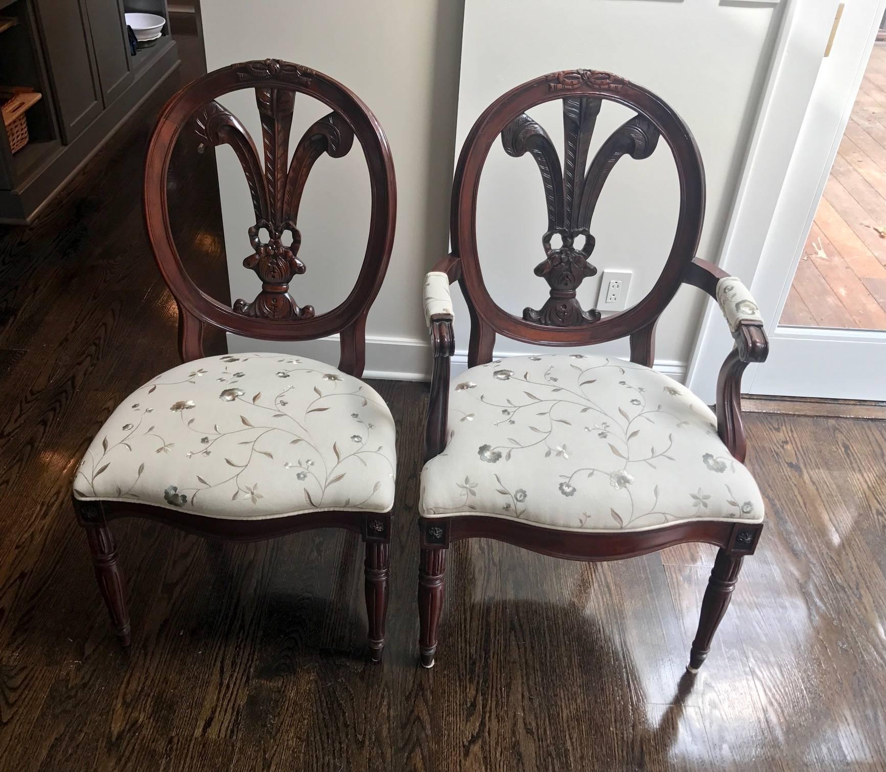  Set of Seven Dining Chairs.  Beautifully Carved Feather Back Louis XVI Style Mahogany Dining Chairs. Beautifully done. 

Priced to Sell. 

Measures: Seat height - 18 inches.