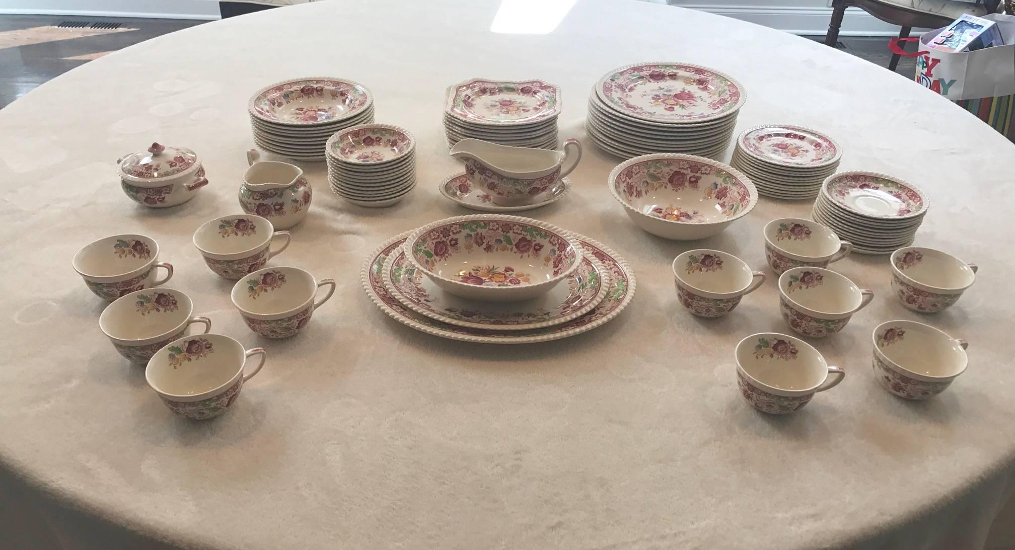 Holiday! Serving for 12 Winchester Johnson Bros made in England China set. Beautiful design -
great colors! Hand engraved. Perfect for the holiday's! 

Everything has 12 except for 11 cups, 10 big bowls.