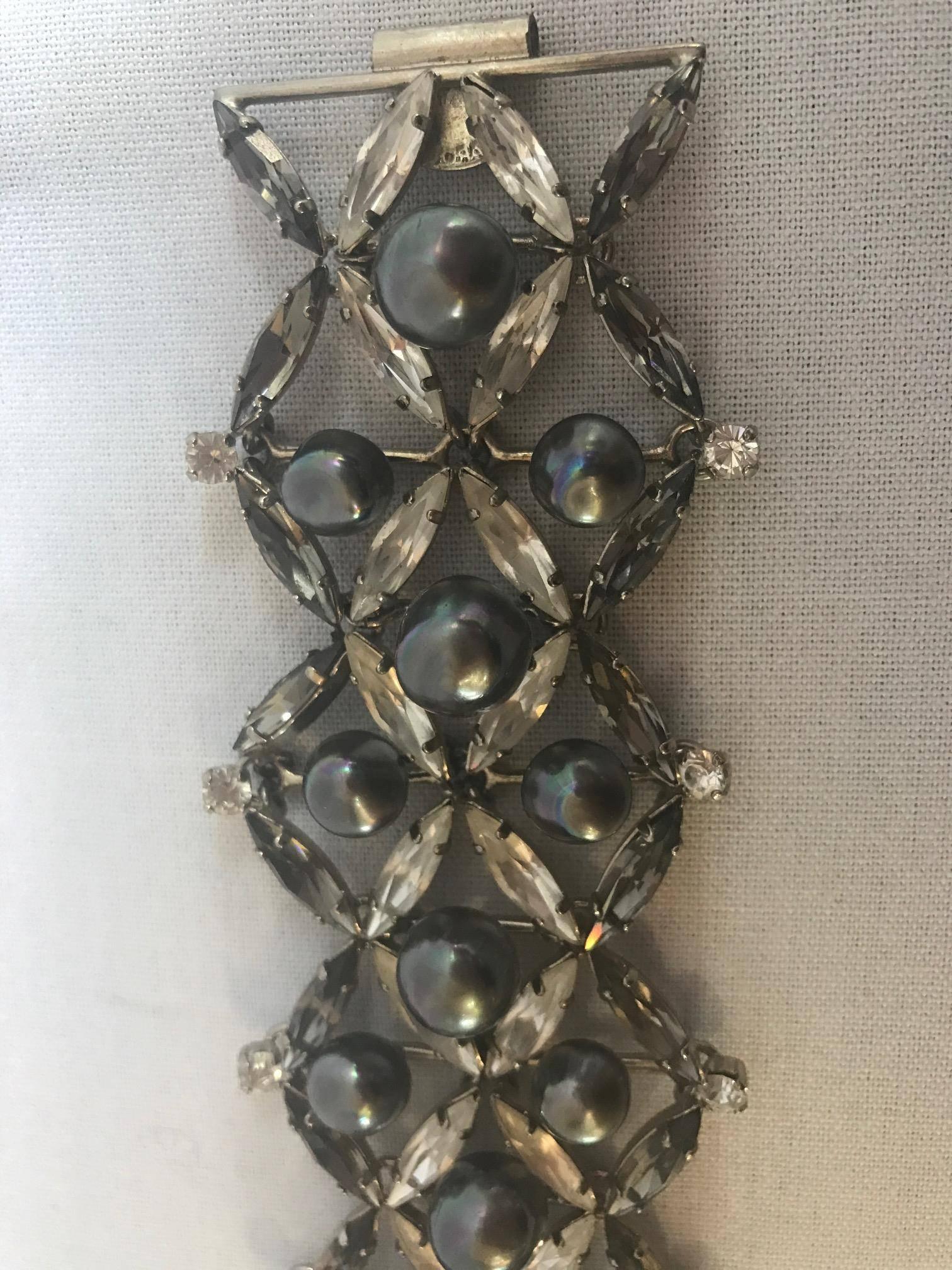 Art Deco Beautiful Rare Daniel Swarovski Crystal and Black Bead Pearls Bracelet For Sale