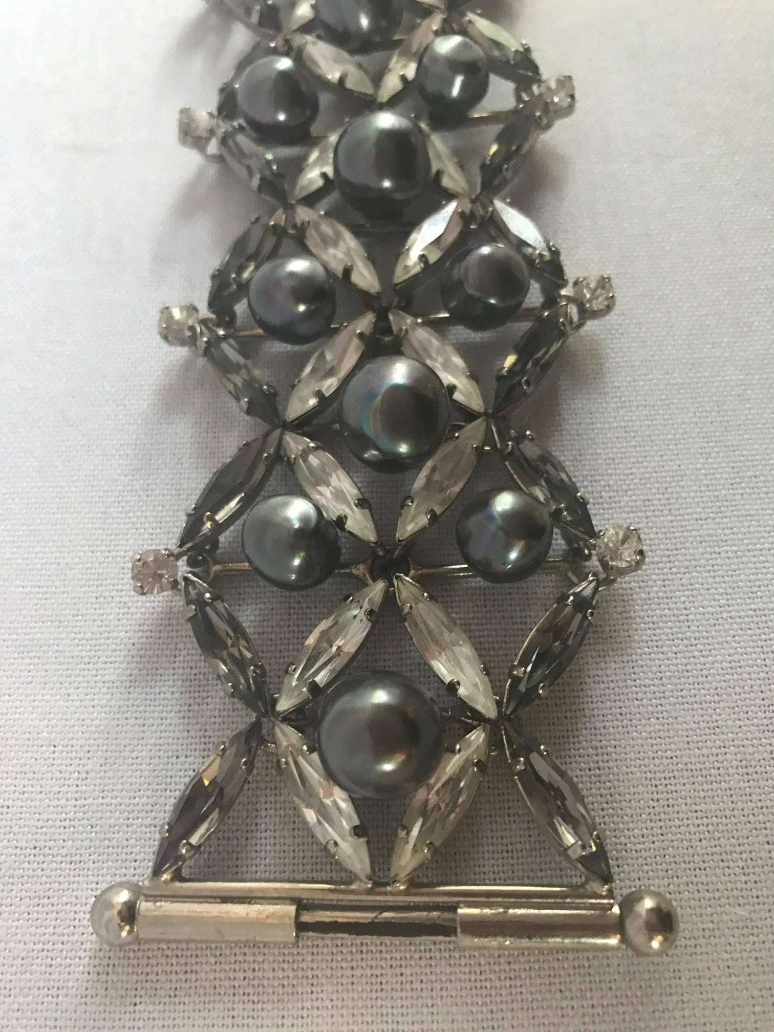 American Beautiful Rare Daniel Swarovski Crystal and Black Bead Pearls Bracelet For Sale