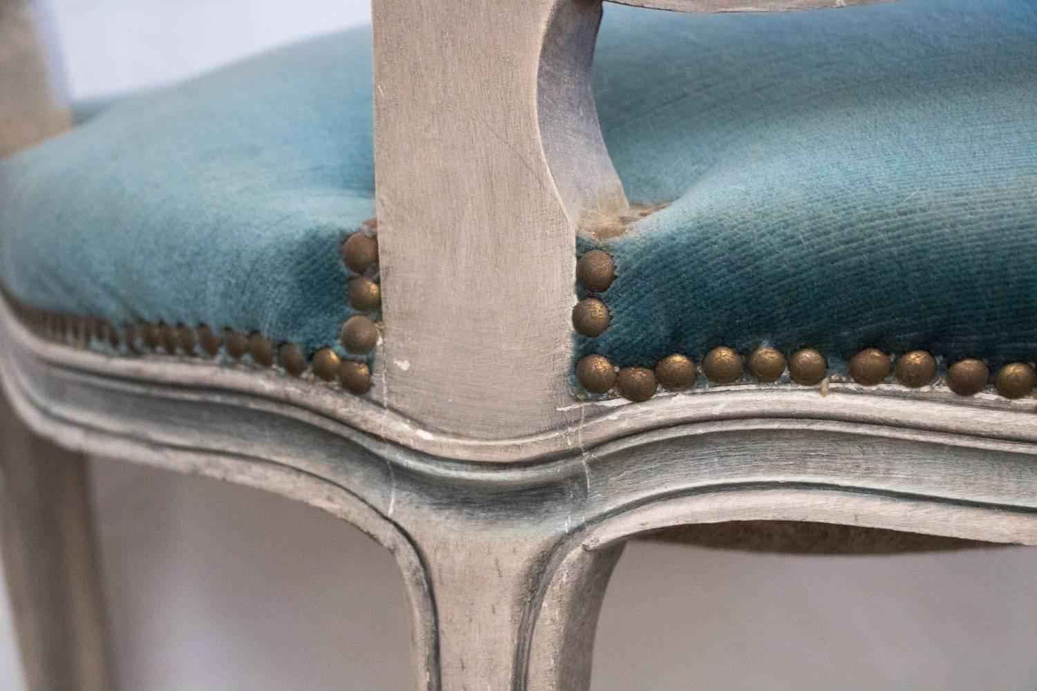 Fabulous Pair of 1929 Louis XV Stunning Sea Bleu Tufted Velvet French Arm Chairs 3