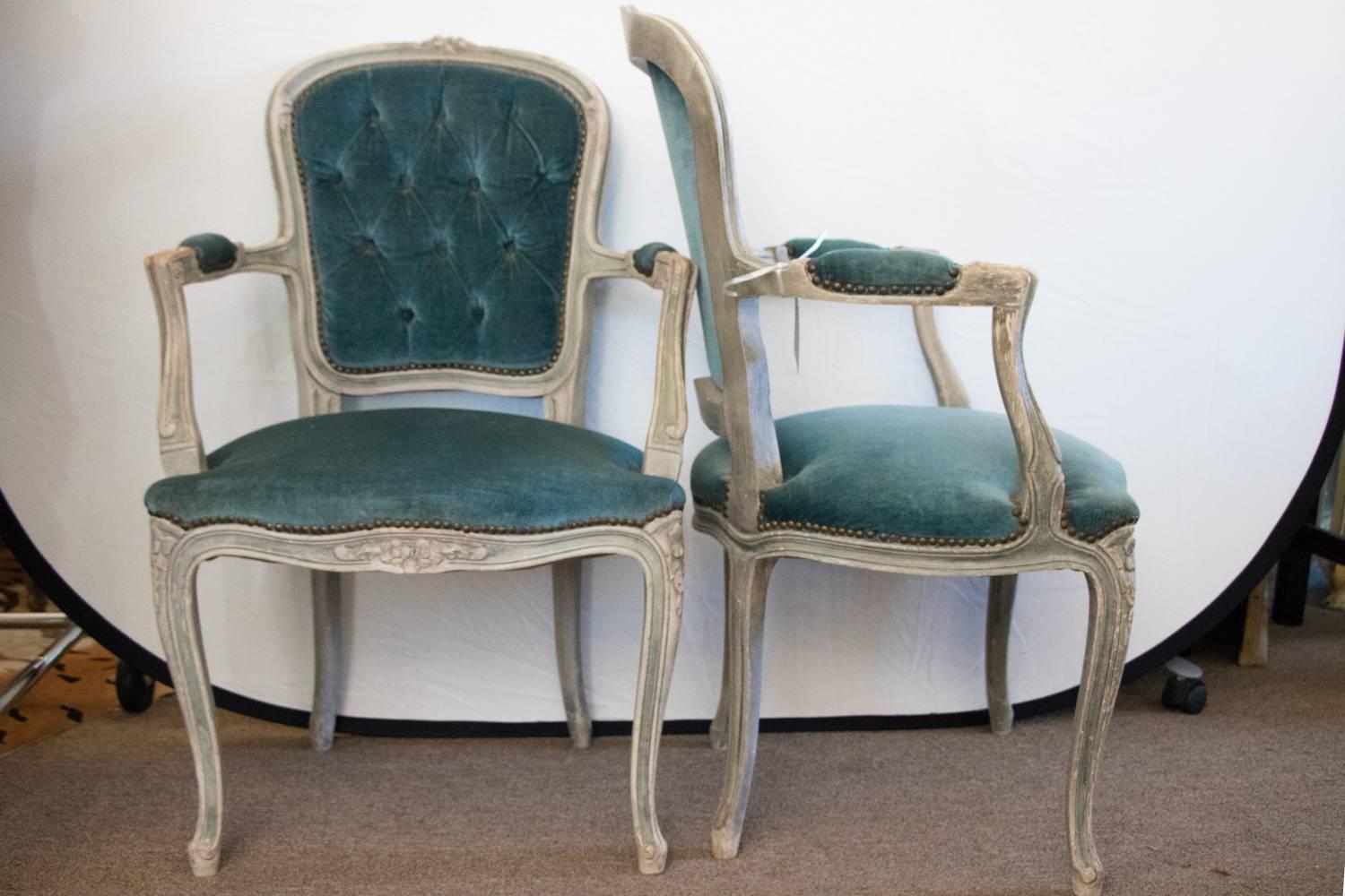 Fabulous Pair of 1929 Louis XV Stunning Sea Bleu Tufted Velvet French Arm Chairs.  Hand Carved Florets Adorn These Fantastically Romantic Chairs.  Of the Sea Color with White Washed Mix of White and Soft Misty Gray.