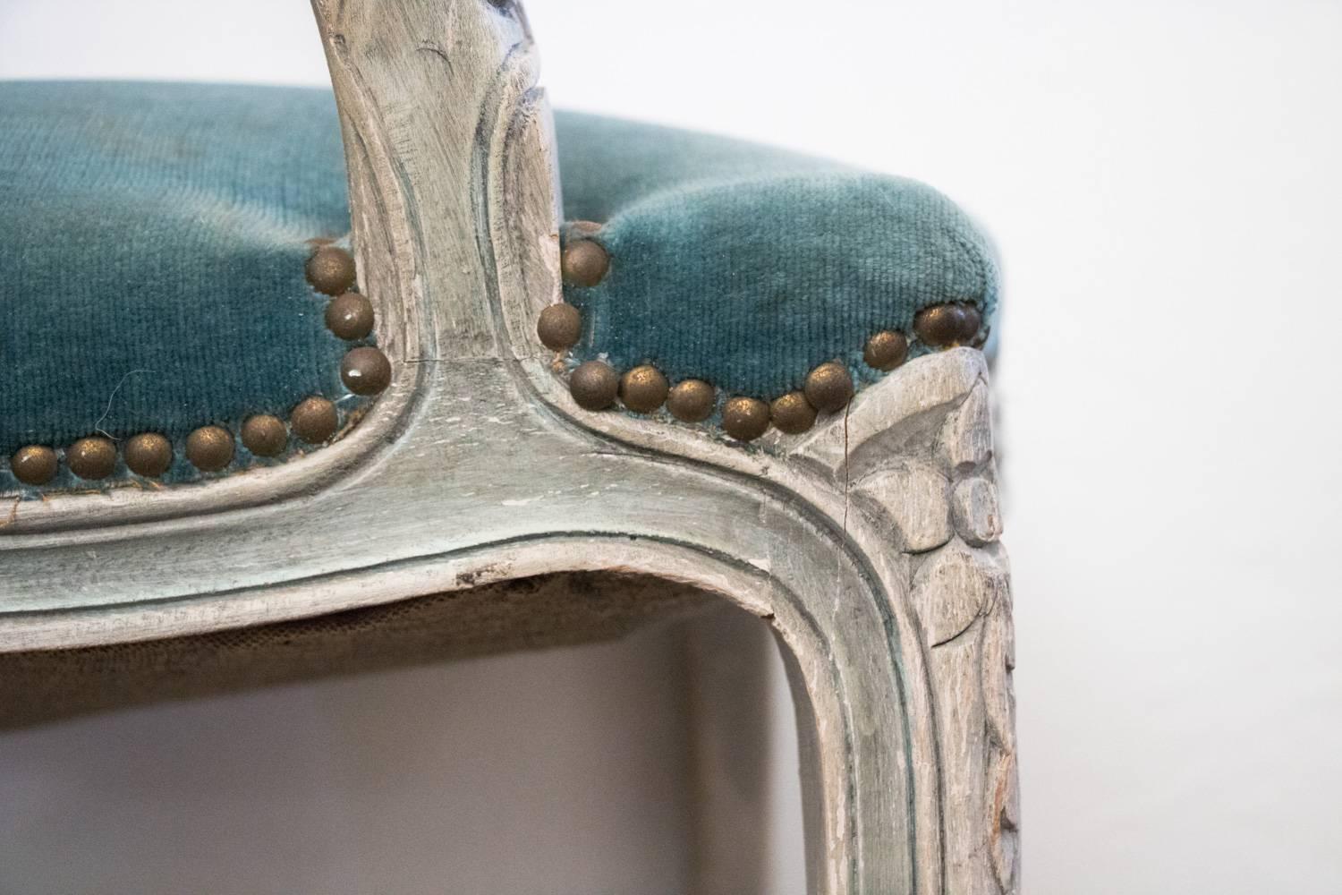 Fabulous Pair of 1929 Louis XV Stunning Sea Bleu Tufted Velvet French Arm Chairs 2